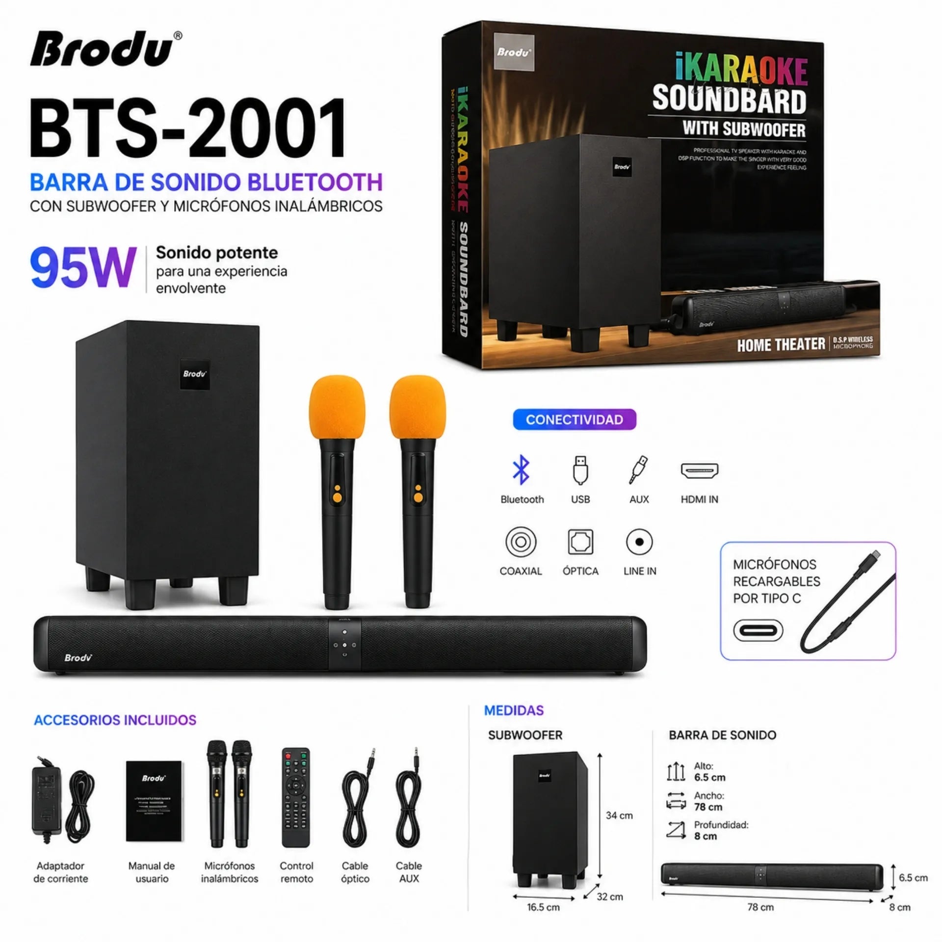 Barra De Sonido Bluetooth Con Subwoofer Y Barra De Sonido 95W Brodu BTS-2001