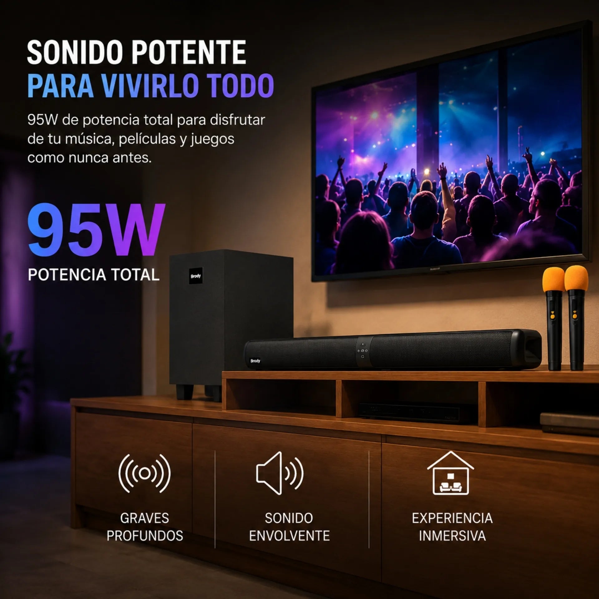 Barra De Sonido Bluetooth Con Subwoofer Y Barra De Sonido 95W Brodu BTS-2001
