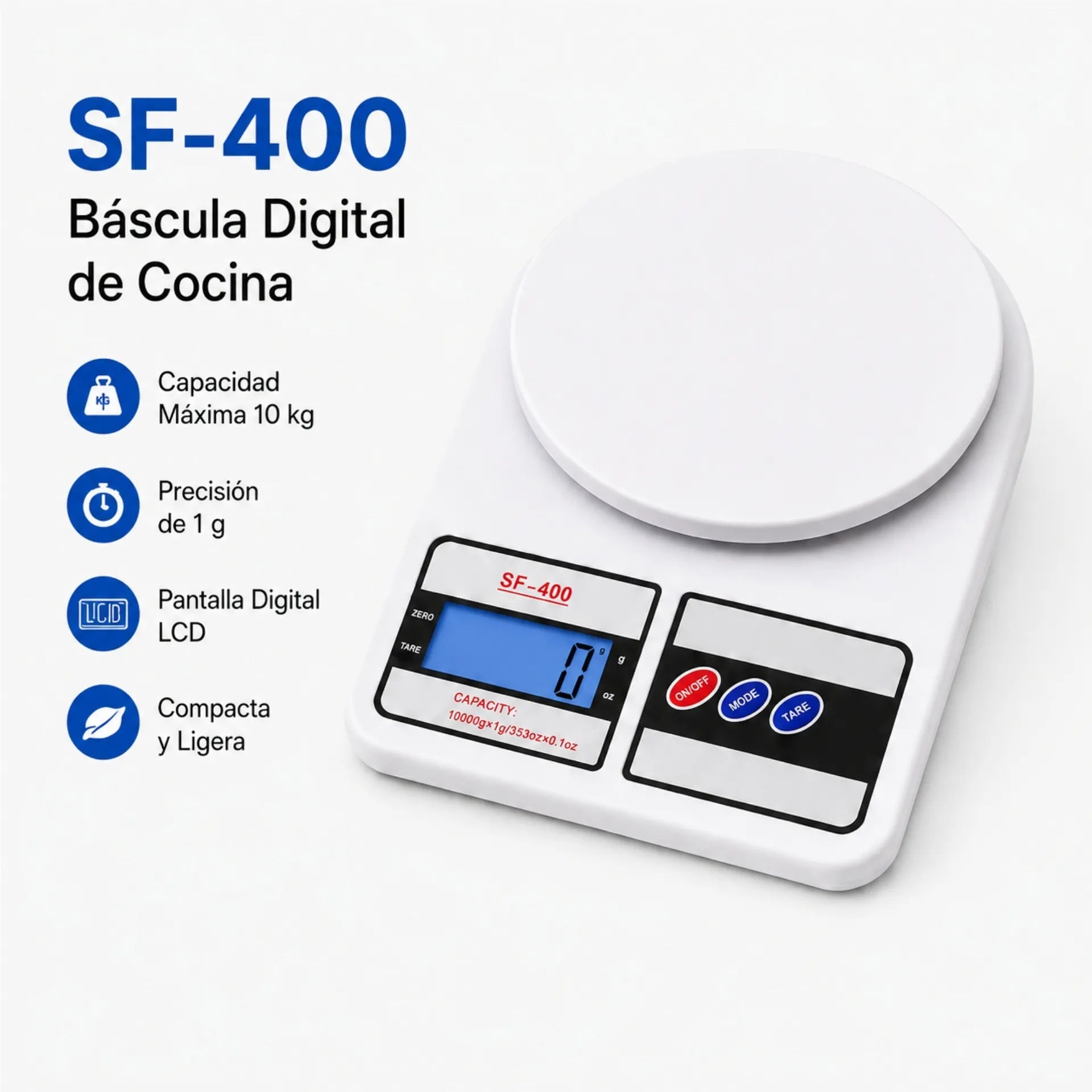 Báscula Digital De Cocina 10Kg Con Pantalla LCD Y Alta Precisión SF-400