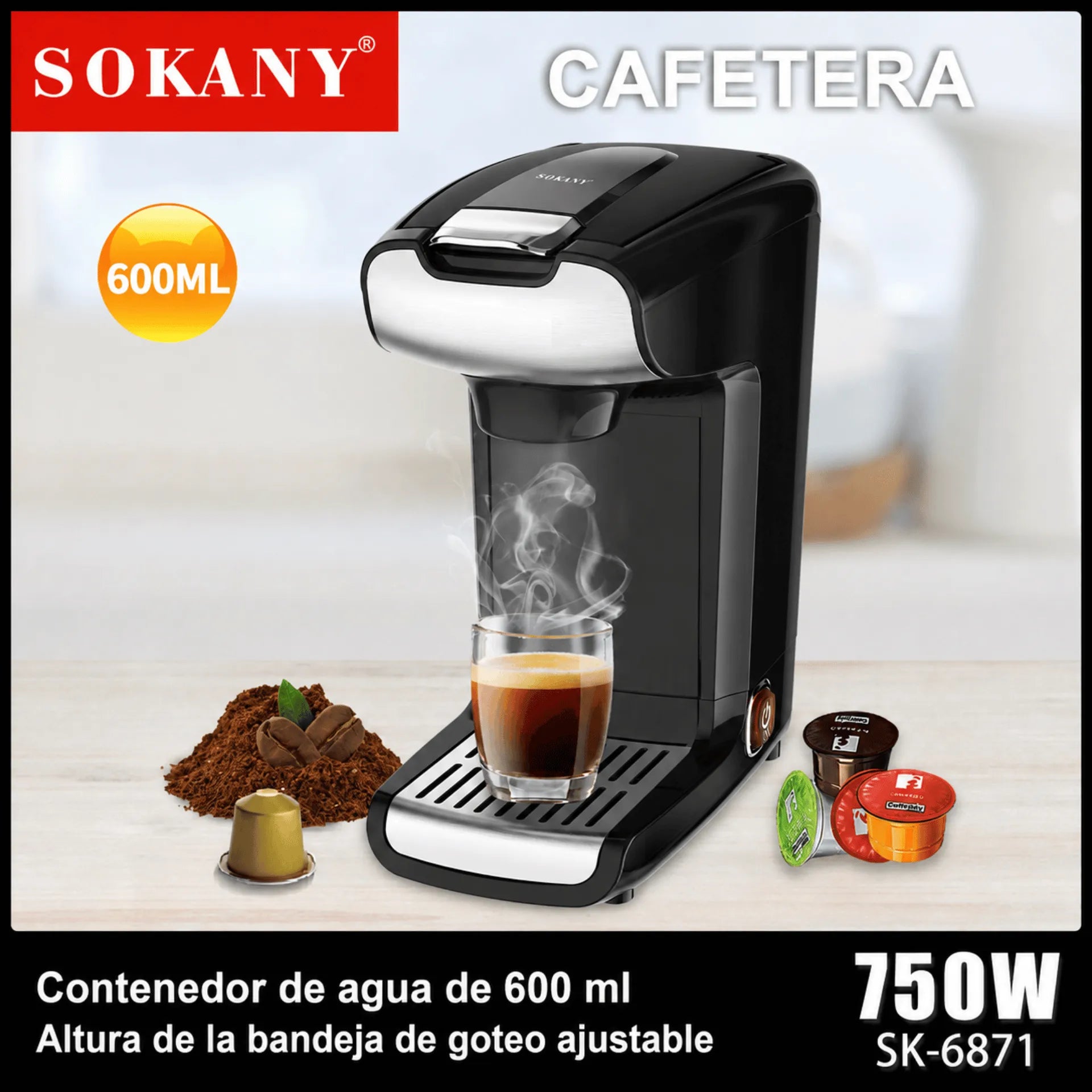 Cafetera De Cápsulas 2 En 1 Sokany 900 ml 750W Multifuncional SK-KF-6871
