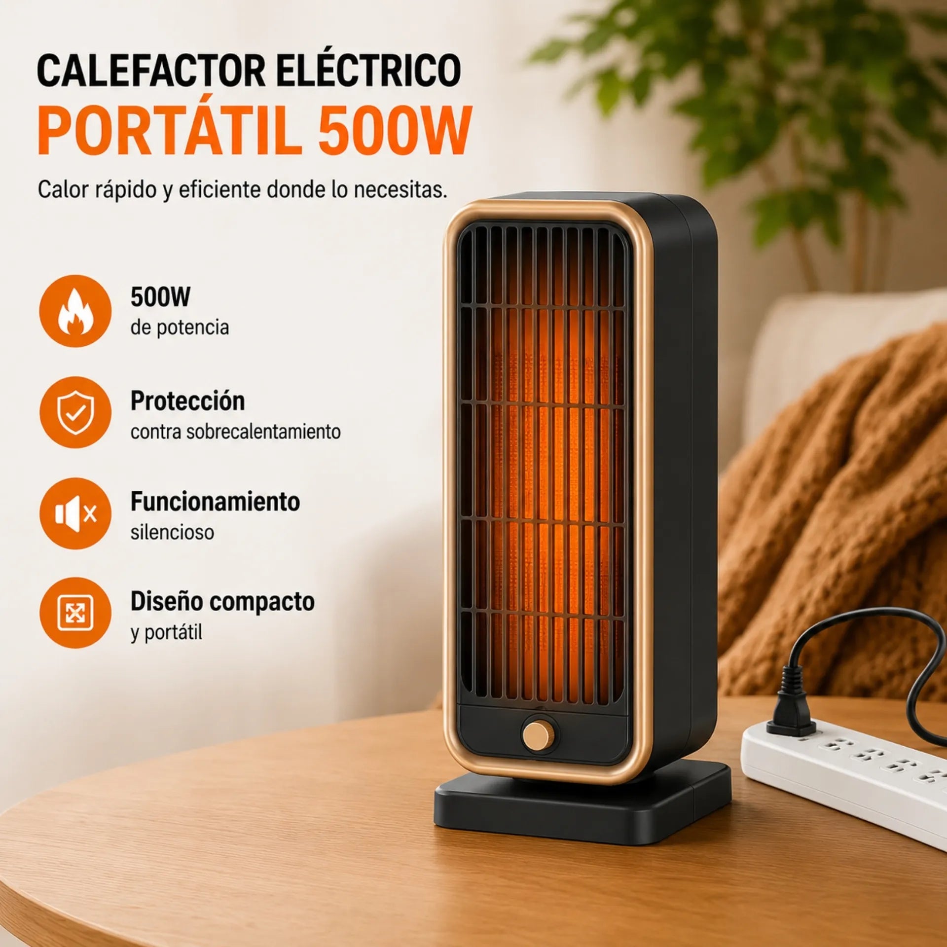 Calefactor Eléctrico Portátil 500W Con Protección Contra Sobrecalentamiento HQN211-20XS