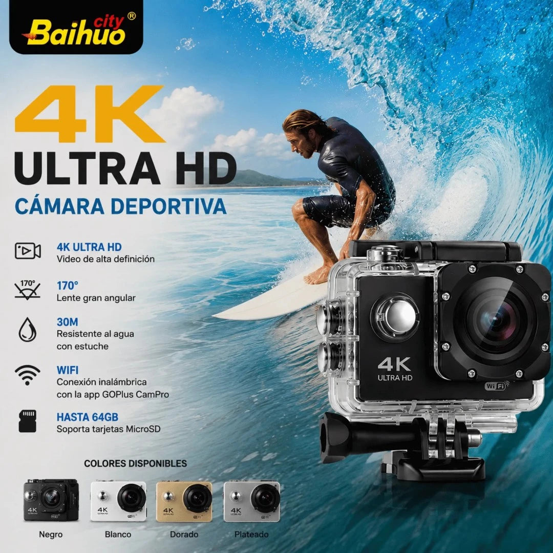 Cámara Deportiva 4K Ultra HD Con Wi-Fi Y Estuche Impermeable Baihuo City MY-7142