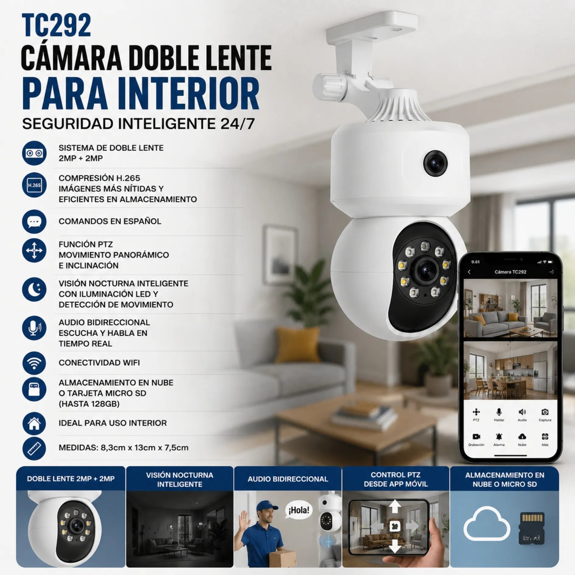 Cámara De Seguridad Interior Doble Lente PTZ WiFi Con Audio Bidireccional TC292