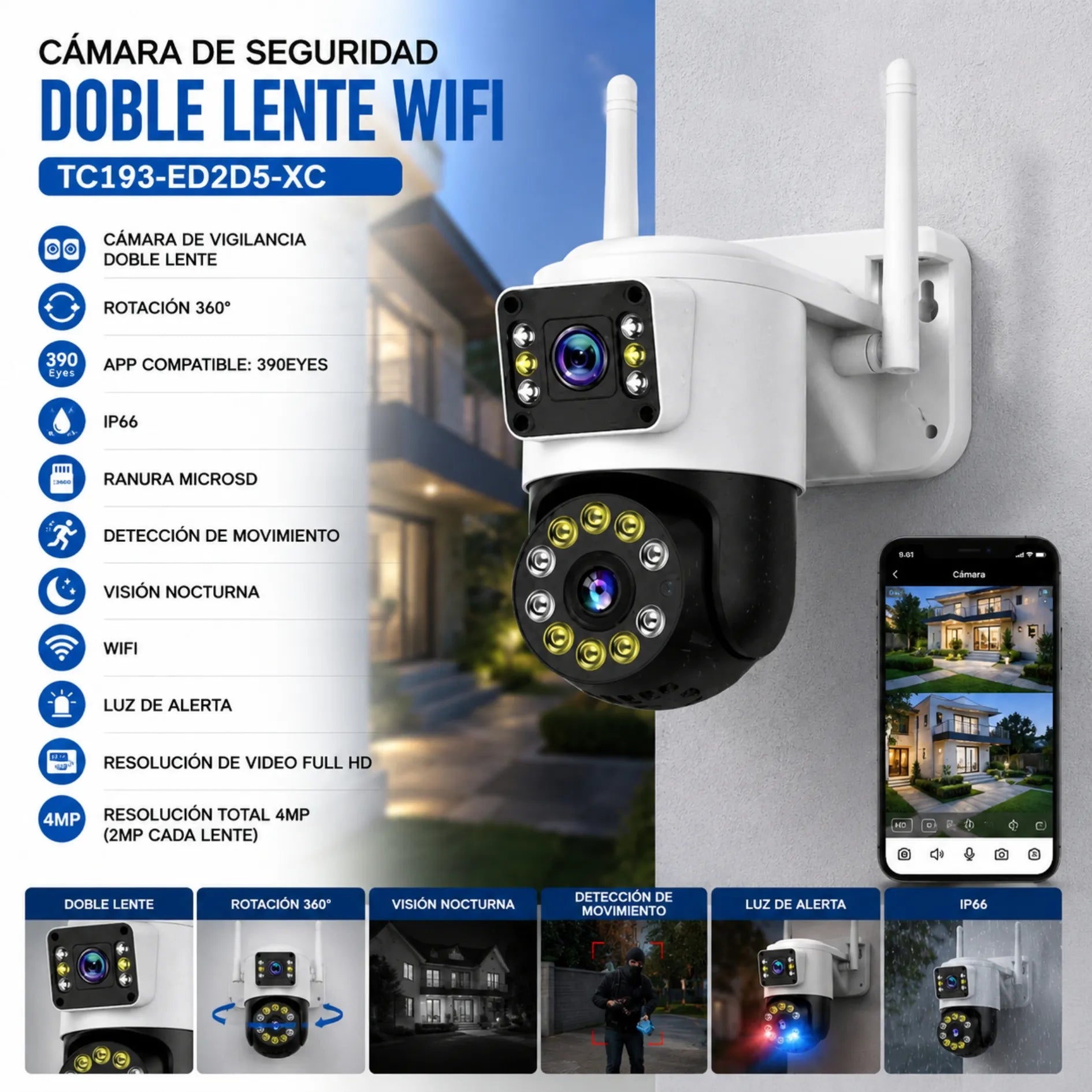 Cámara De Seguridad WiFi Doble Lente 360° Con Visión Nocturna TC193-ED2D5-XC
