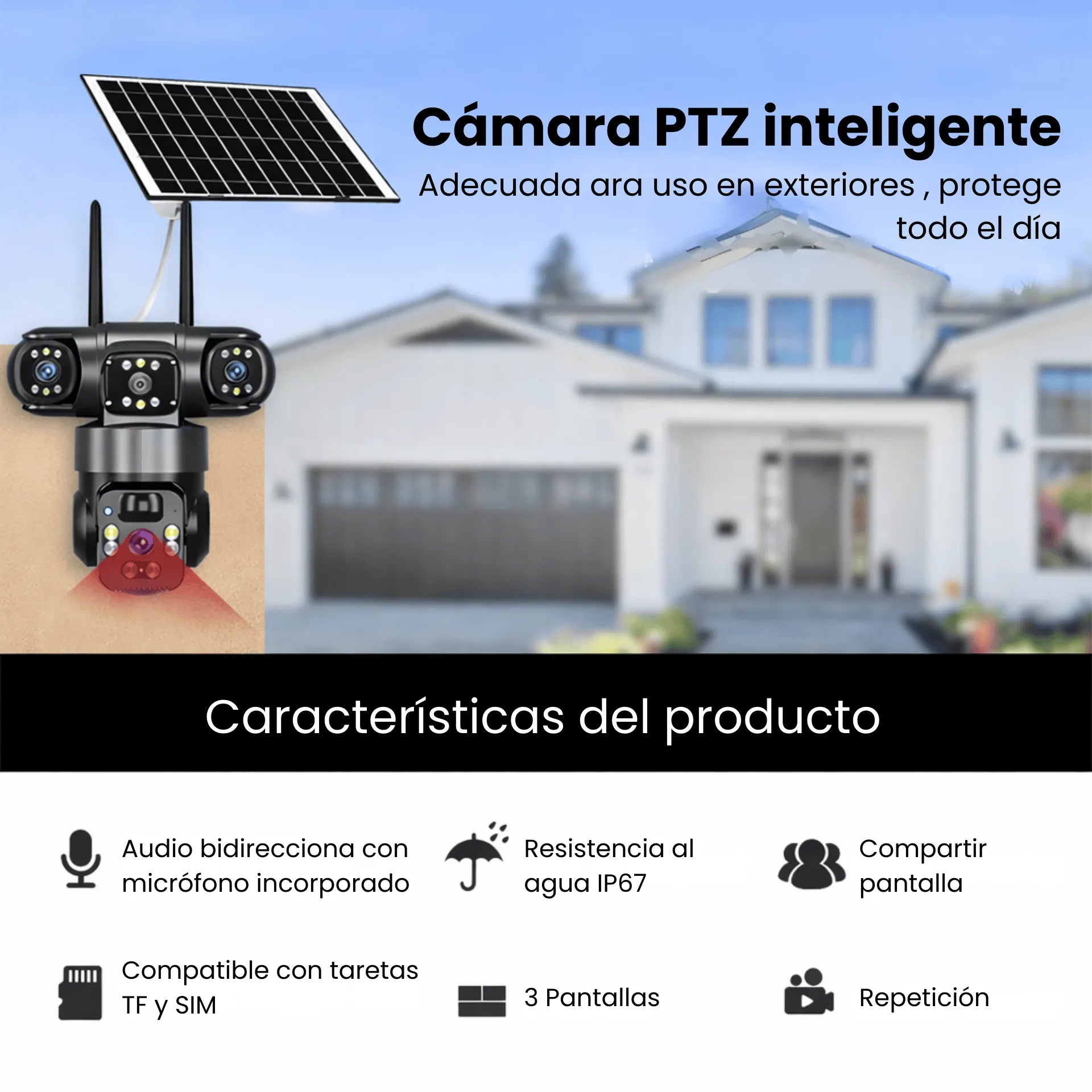 Cámara De Seguridad 4G SIM Card Triple Lente Con Panel Solar CT-Q20-4G
