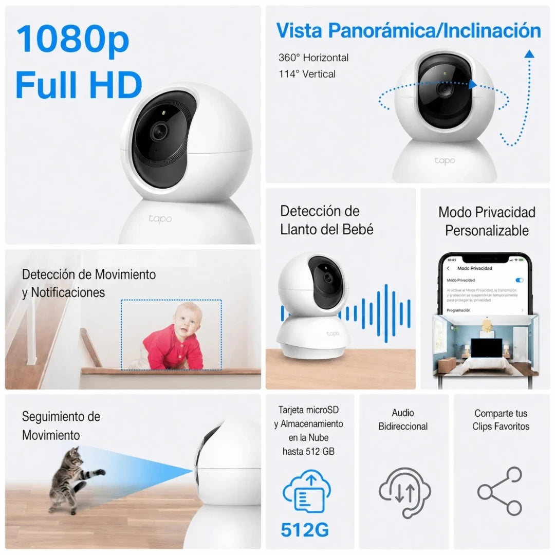 Cámara De Seguridad WiFi Full HD 1080P Con Visión Nocturna y Audio Bidireccional TP-Link Tapo C200