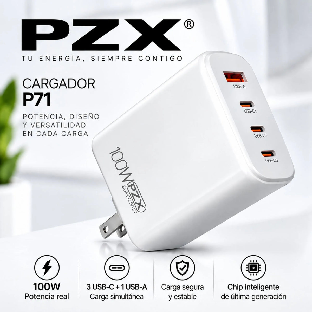 Cargador De Carga Rápida 100W Con 3 Puertos USB-C Y 1 USB-A PZX P71