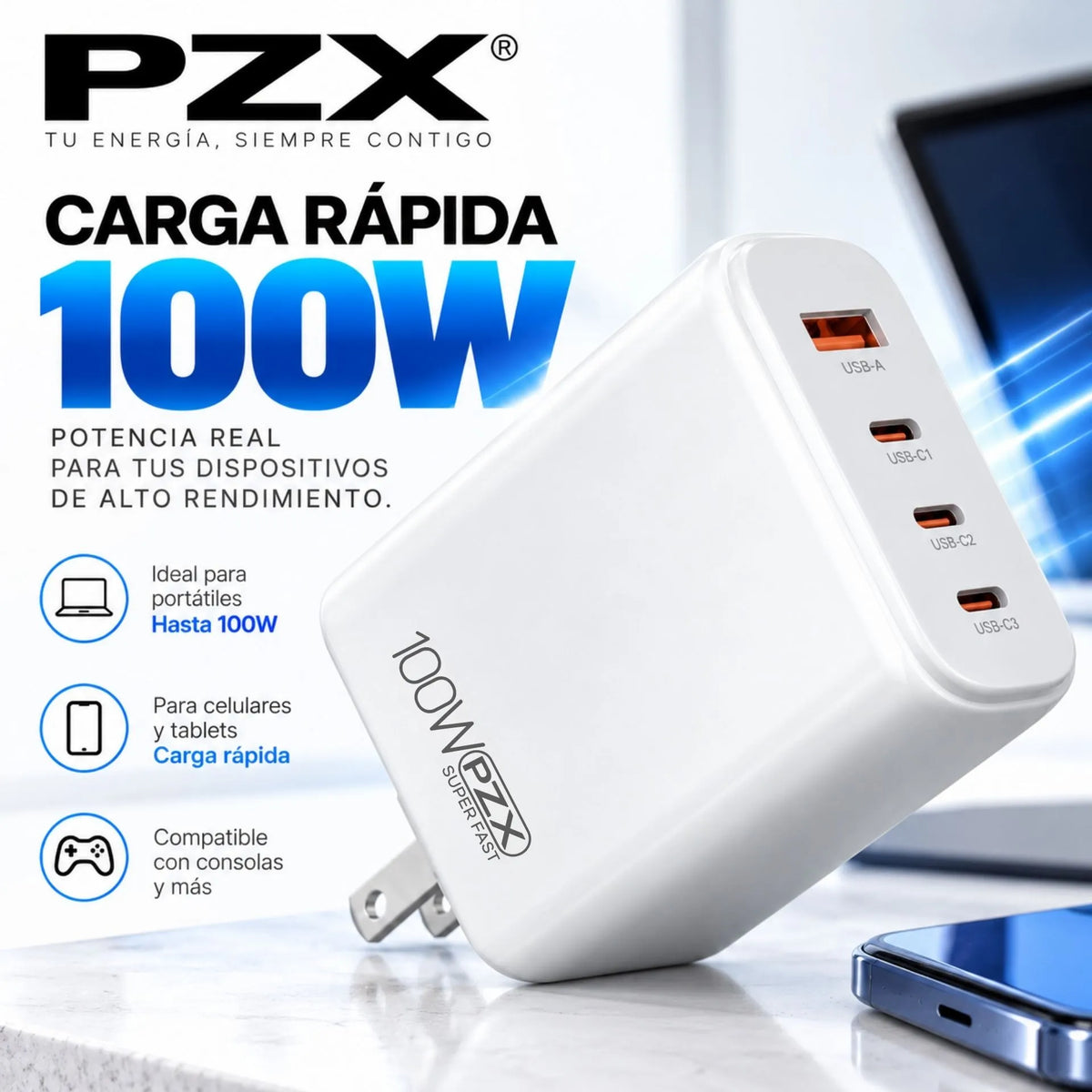 Cargador De Carga Rápida 100W Con 3 Puertos USB-C Y 1 USB-A PZX P71