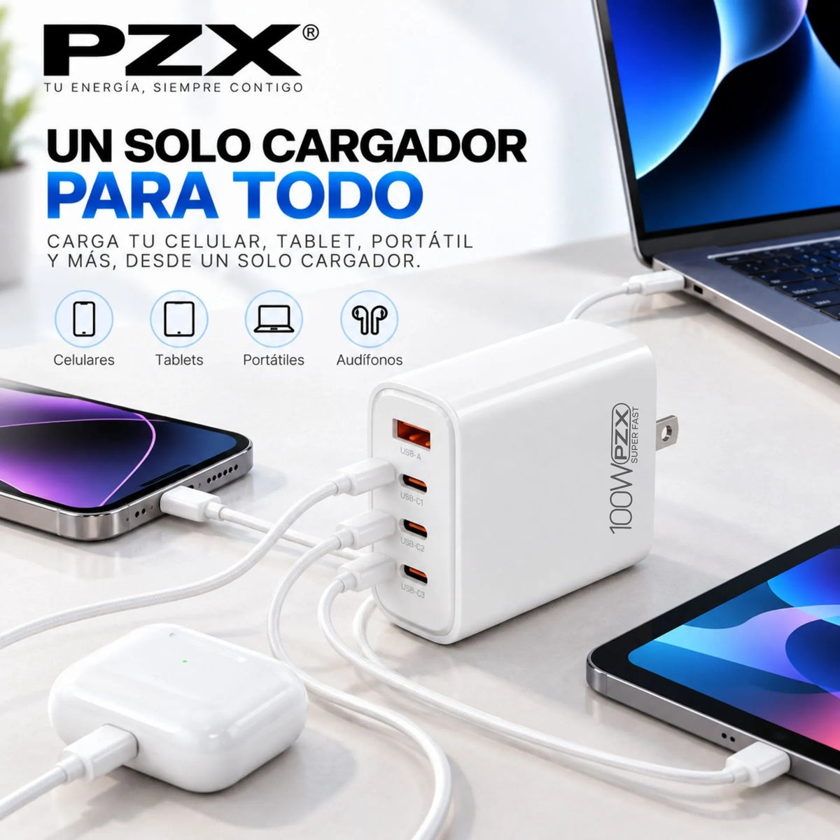 Cargador De Carga Rápida 100W Con 3 Puertos USB-C Y 1 USB-A PZX P71