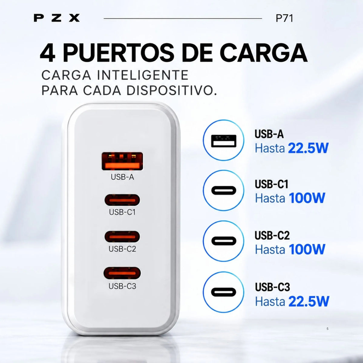 Cargador De Carga Rápida 100W Con 3 Puertos USB-C Y 1 USB-A PZX P71