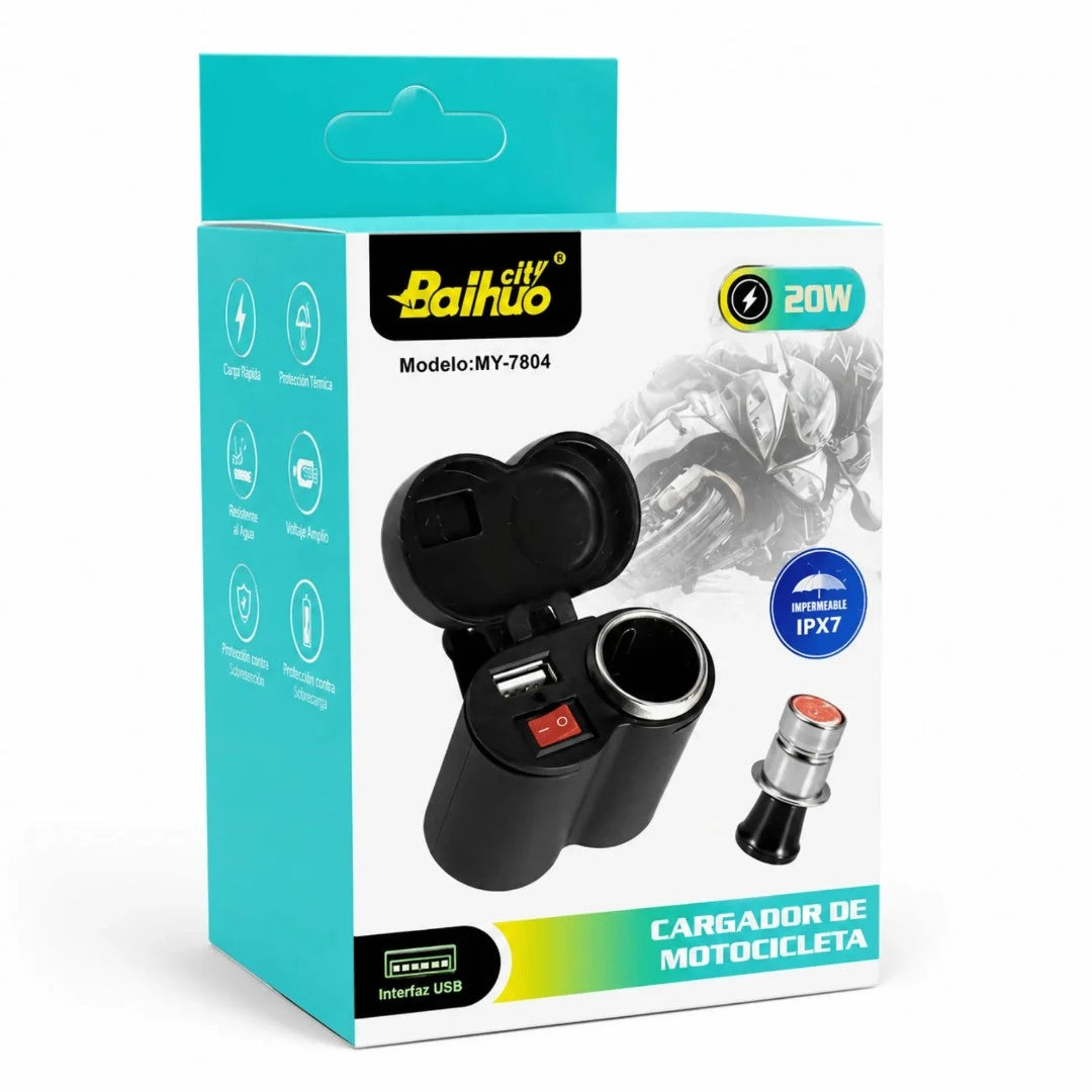 Cargador Para Motocicleta Baihuo City Con Puerto USB Y Encendedor 12V MY-7804