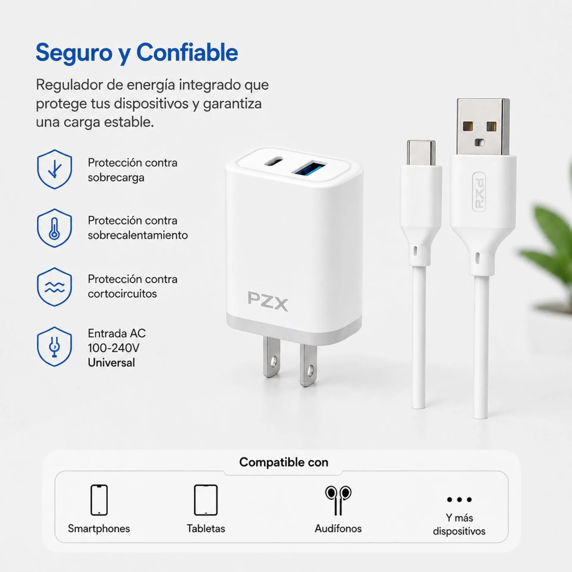 Cargador Para Celular USB A Tipo C 2.4A Doble Puerto PZX P08 MICRO