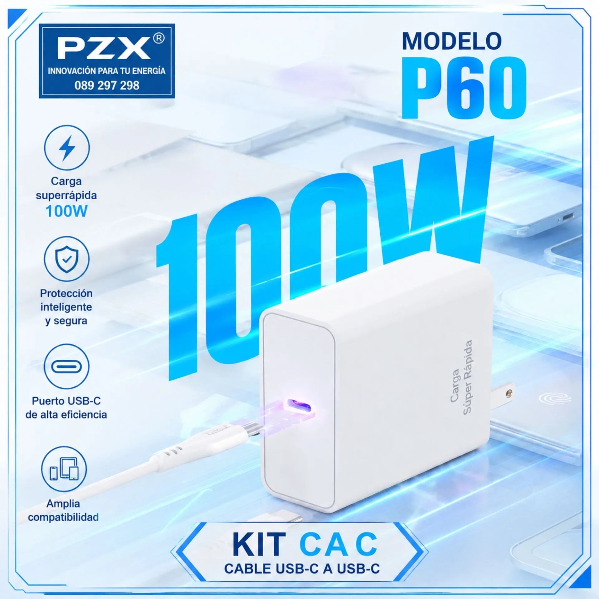 Cargador Tipo C A Tipo C Carga Rápida 100W 3A PZX P60 C-C