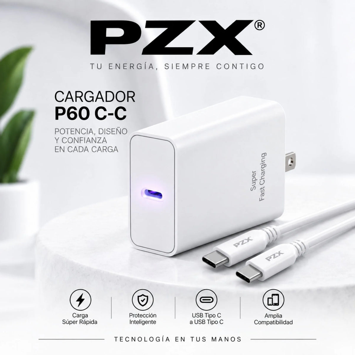 Cargador Tipo C A Tipo C Carga Rápida 100W 3A PZX P60 C-C