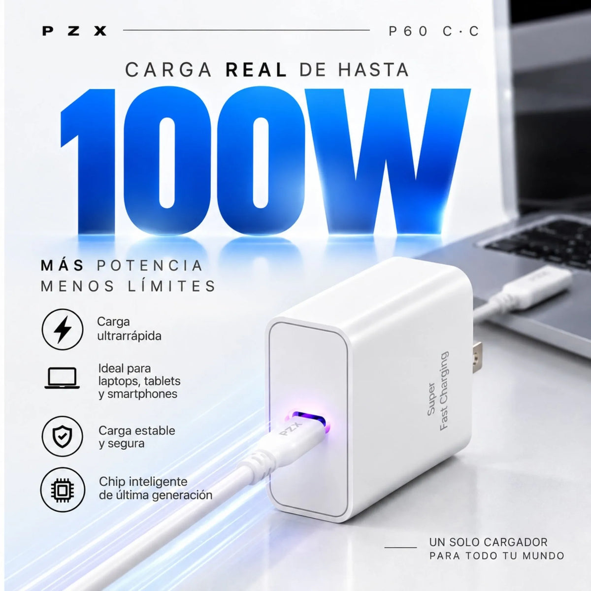 Cargador Tipo C A Tipo C Carga Rápida 100W 3A PZX P60 C-C