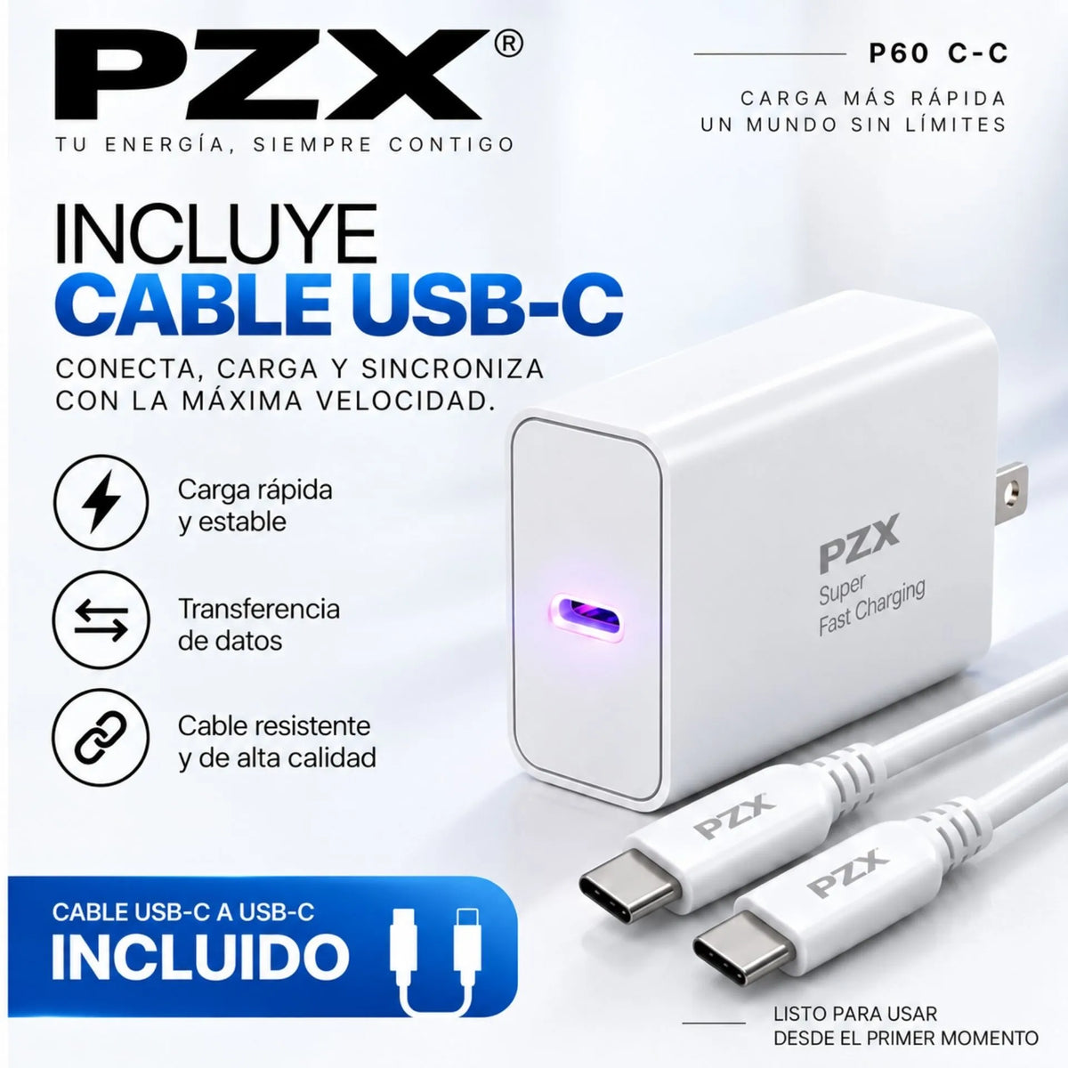 Cargador Tipo C A Tipo C Carga Rápida 100W 3A PZX P60 C-C