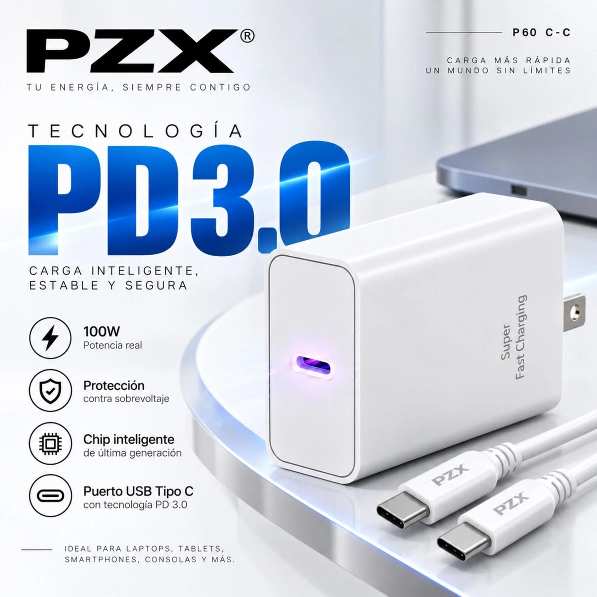 Cargador Tipo C A Tipo C Carga Rápida 100W 3A PZX P60 C-C
