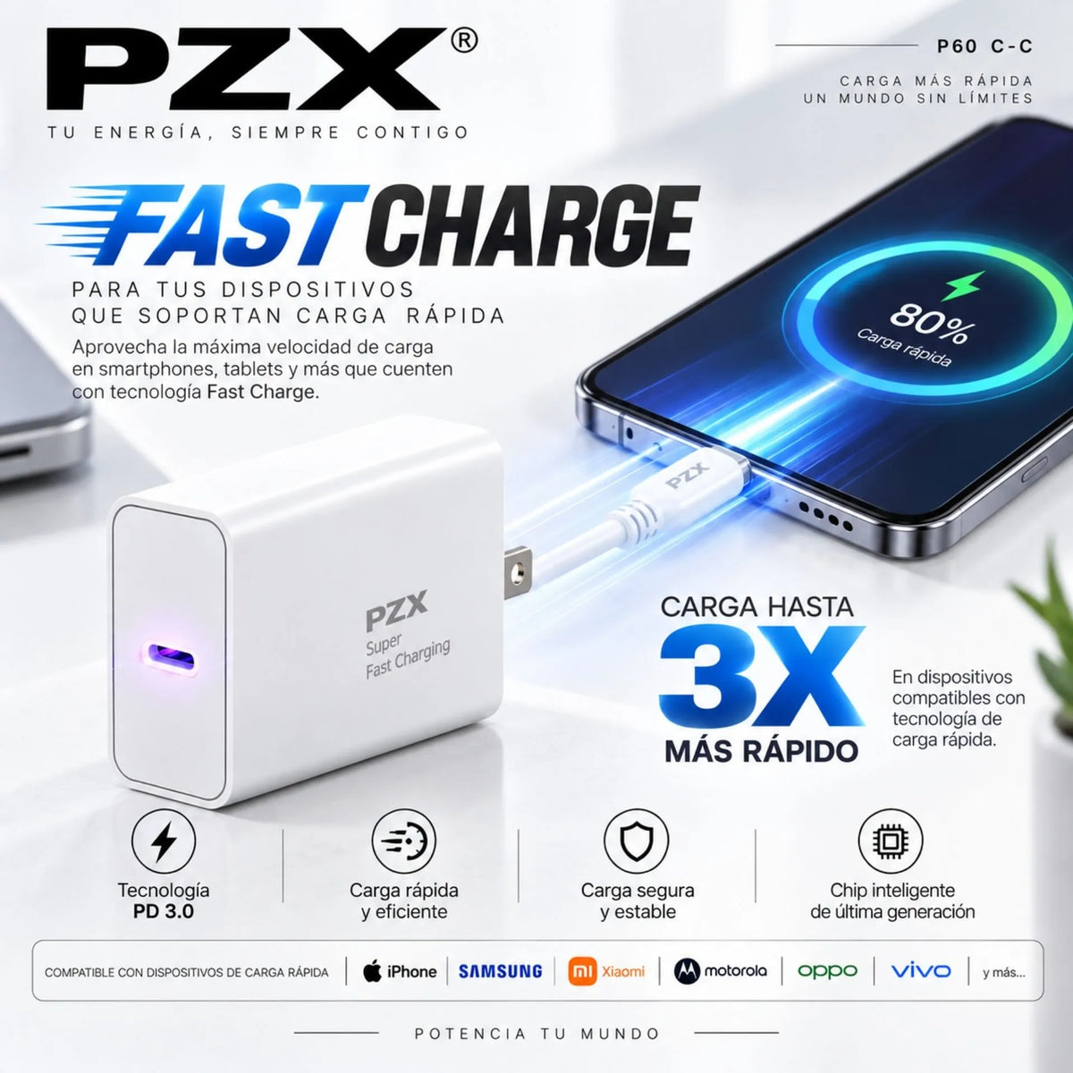Cargador Tipo C A Tipo C Carga Rápida 100W 3A PZX P60 C-C