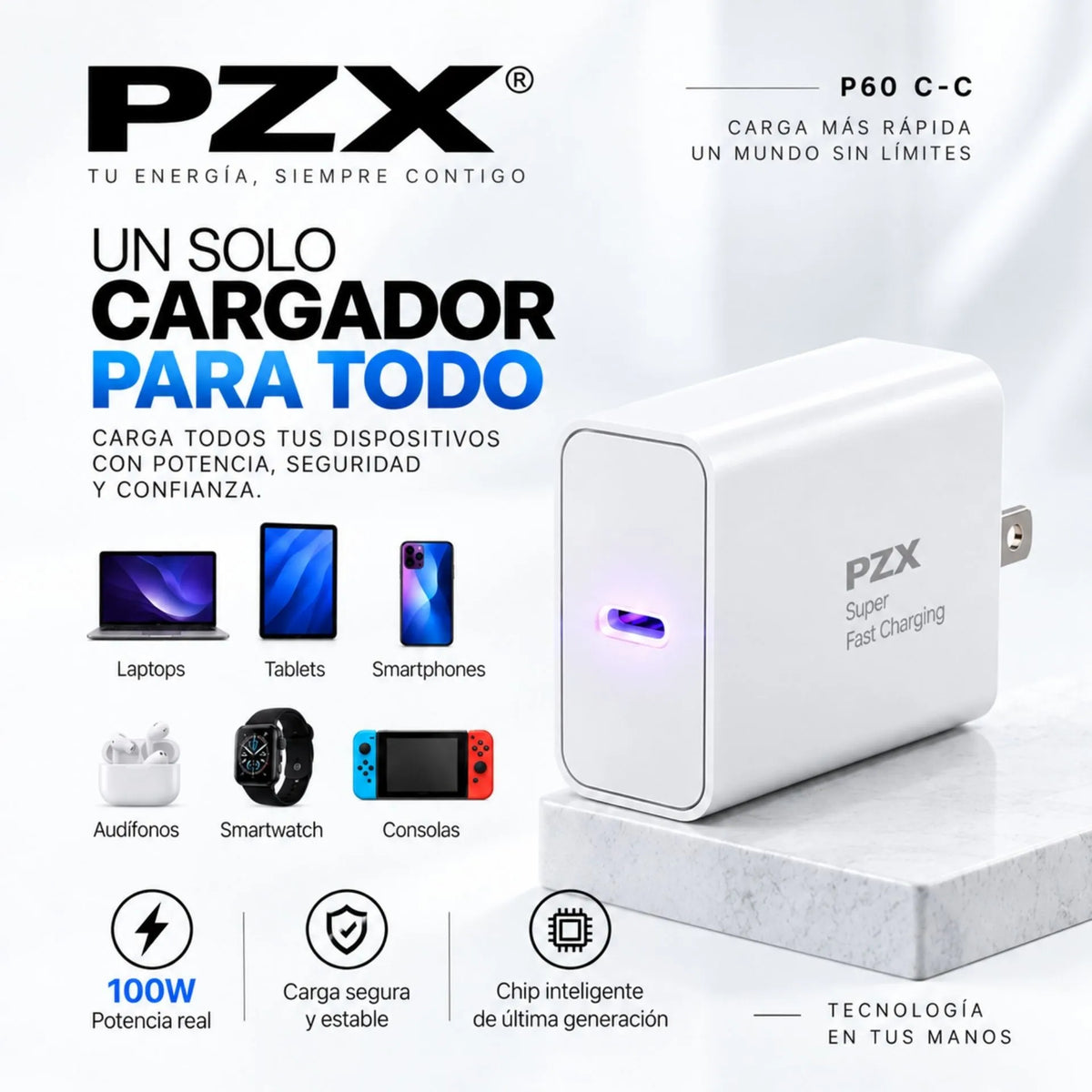 Cargador Tipo C A Tipo C Carga Rápida 100W 3A PZX P60 C-C