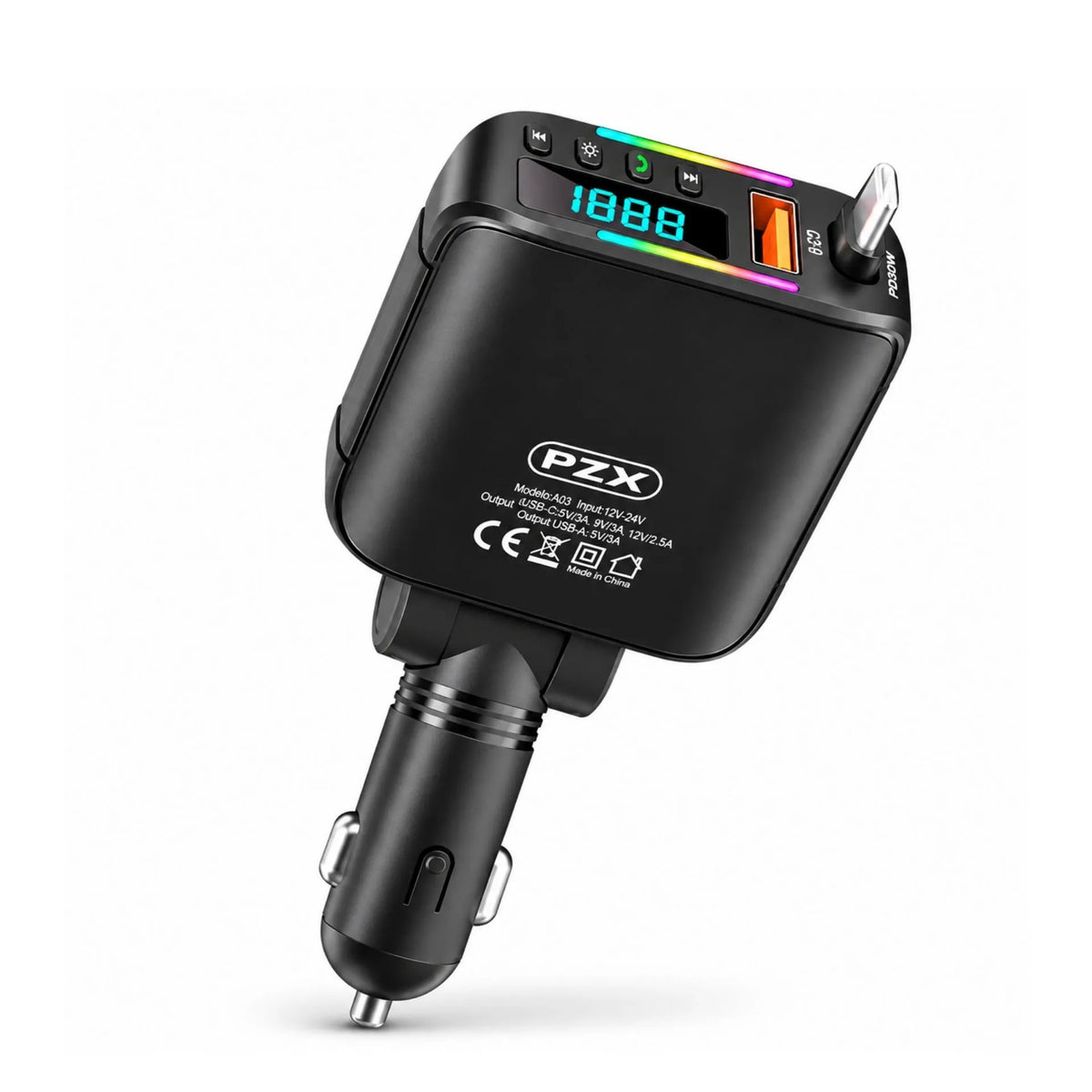 Cargador Transmisor FM Para Carro Bluetooth 5.3, Carga Rápida 66W, USB-C Y USB-A PZX A03