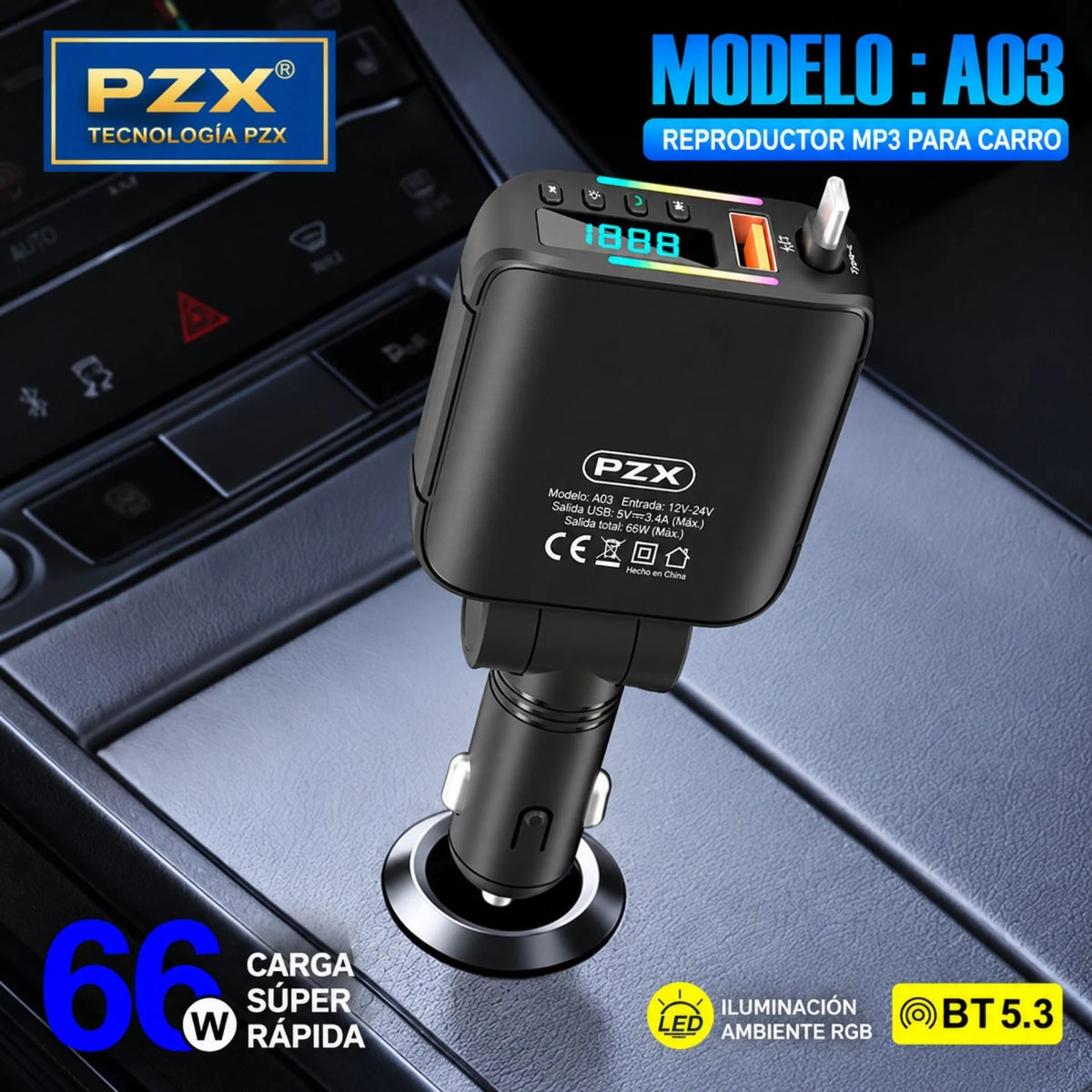 Cargador Transmisor FM Para Carro Bluetooth 5.3, Carga Rápida 66W, USB-C Y USB-A PZX A03