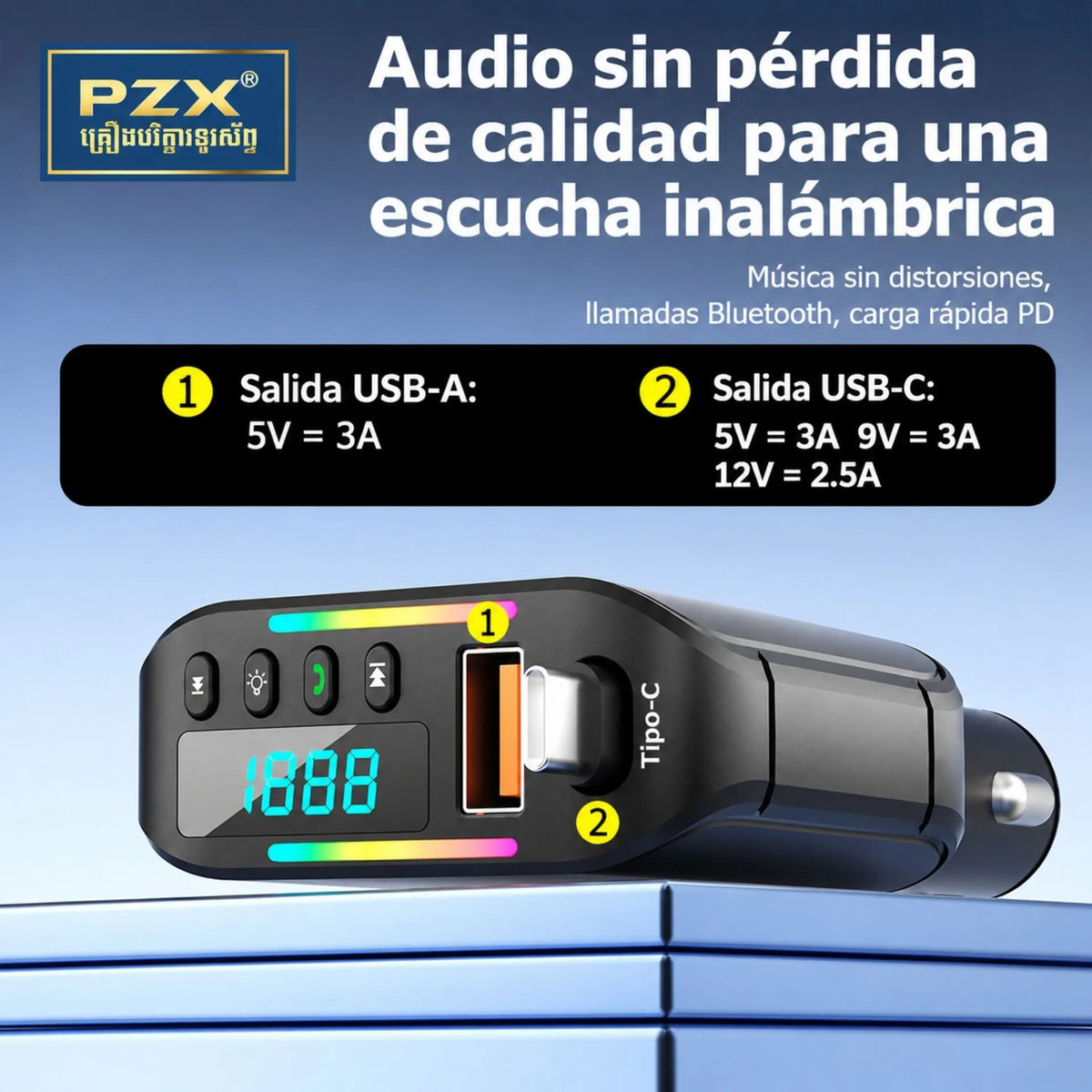 Cargador Transmisor FM Para Carro Bluetooth 5.3, Carga Rápida 66W, USB-C Y USB-A PZX A03
