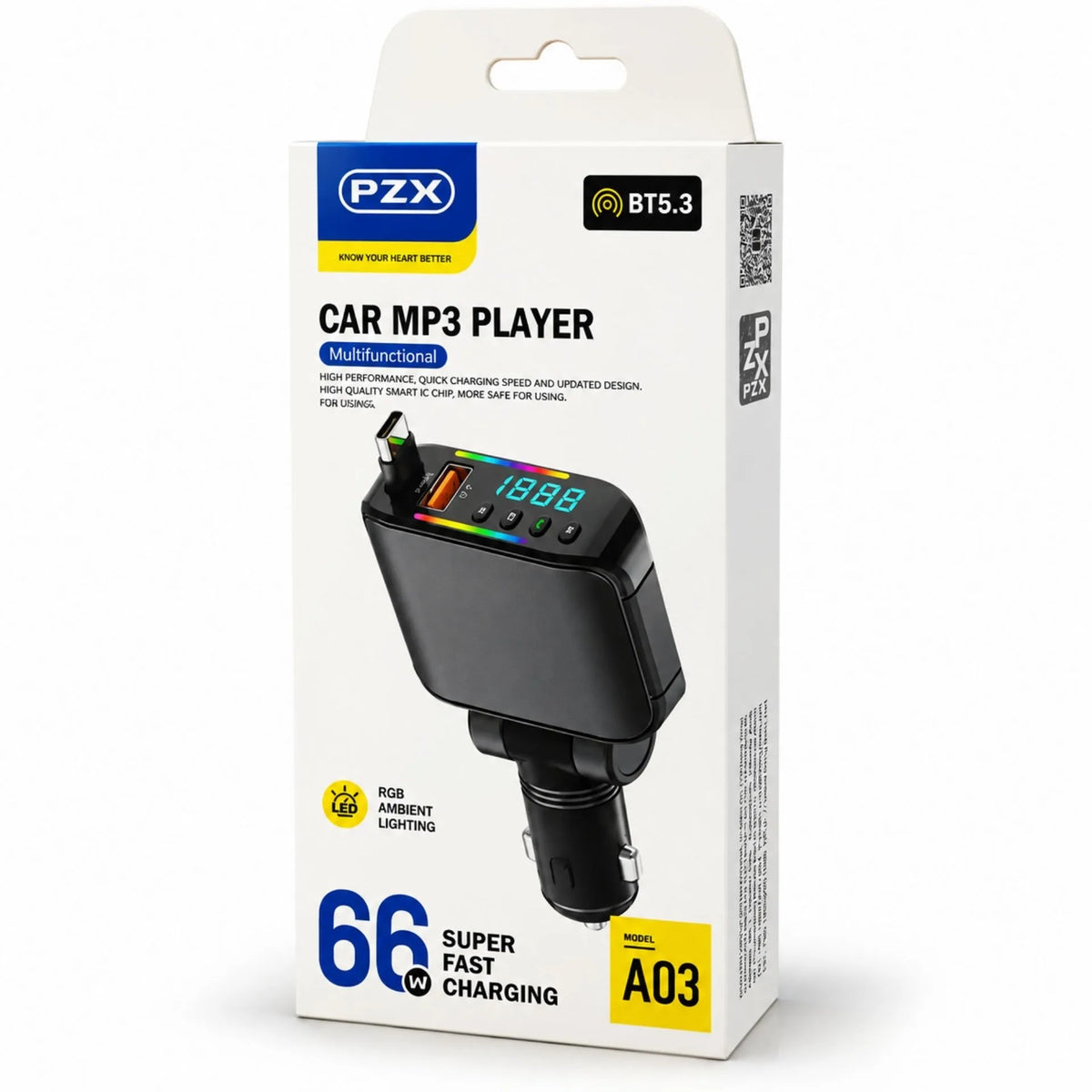 Cargador Transmisor FM Para Carro Bluetooth 5.3, Carga Rápida 66W, USB-C Y USB-A PZX A03