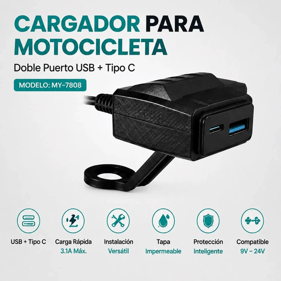 Cargador Para Motocicleta Baihuo City Con Puerto USB Y Tipo C MY-7808