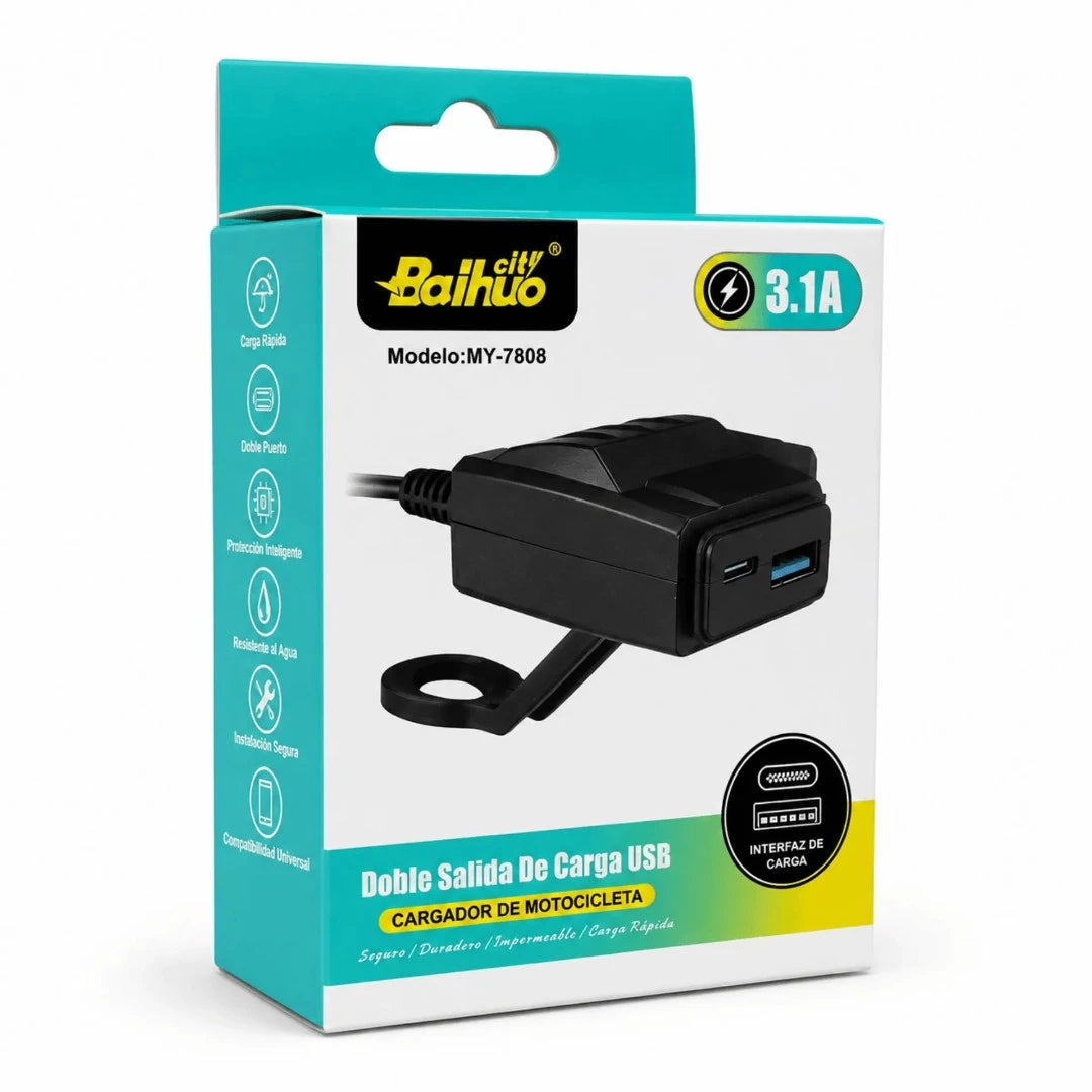 Cargador Para Motocicleta Baihuo City Con Puerto USB Y Tipo C MY-7808