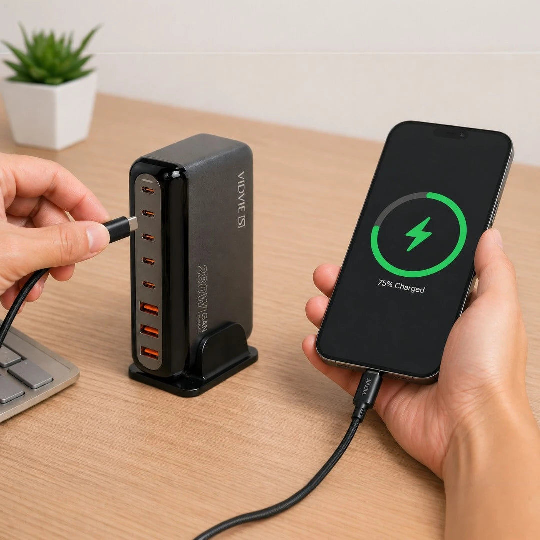 Cargador VIDVIE 280W Con 3 Puertos USB Y 5 Entradas Tipo C De Carga Rápida VS-A18