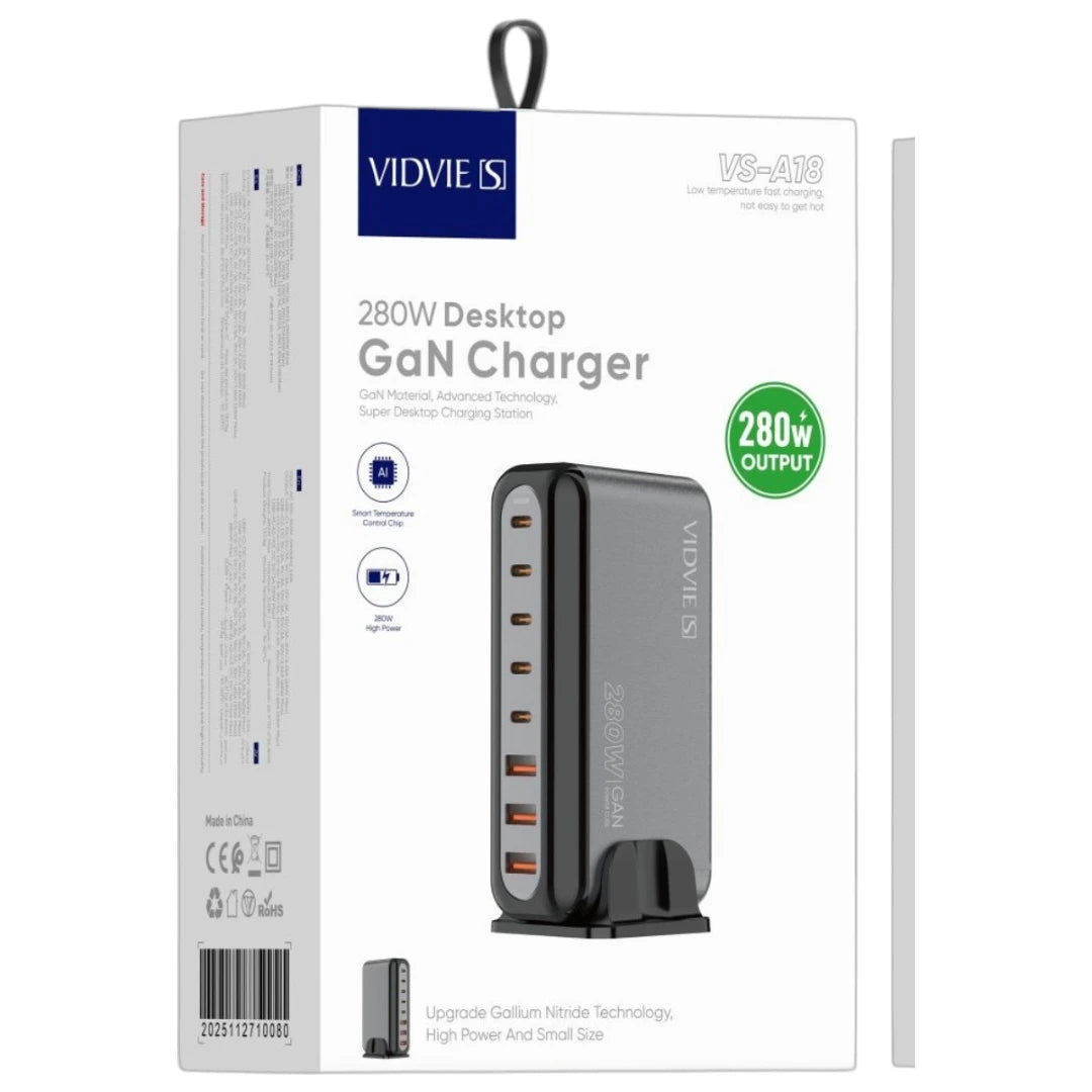 Cargador VIDVIE 280W Con 3 Puertos USB Y 5 Entradas Tipo C De Carga Rápida VS-A18