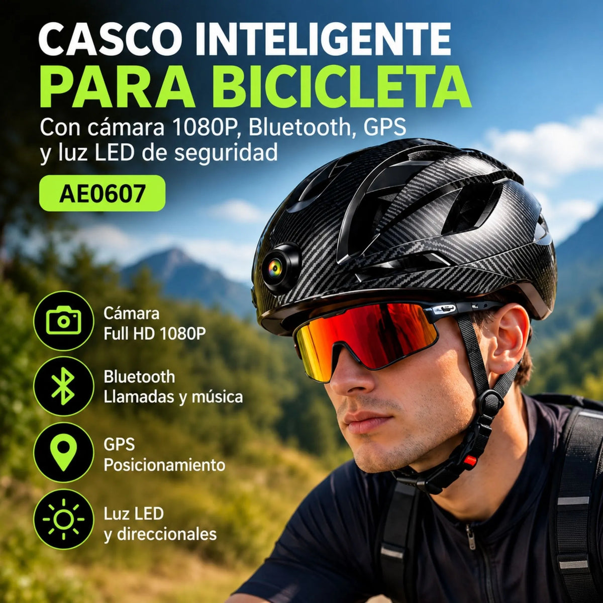 Casco Inteligente Para Bicicleta Con Cámara Full HD 1080P, Bluetooth, GPS Y Luz LED De Seguridad AE0607