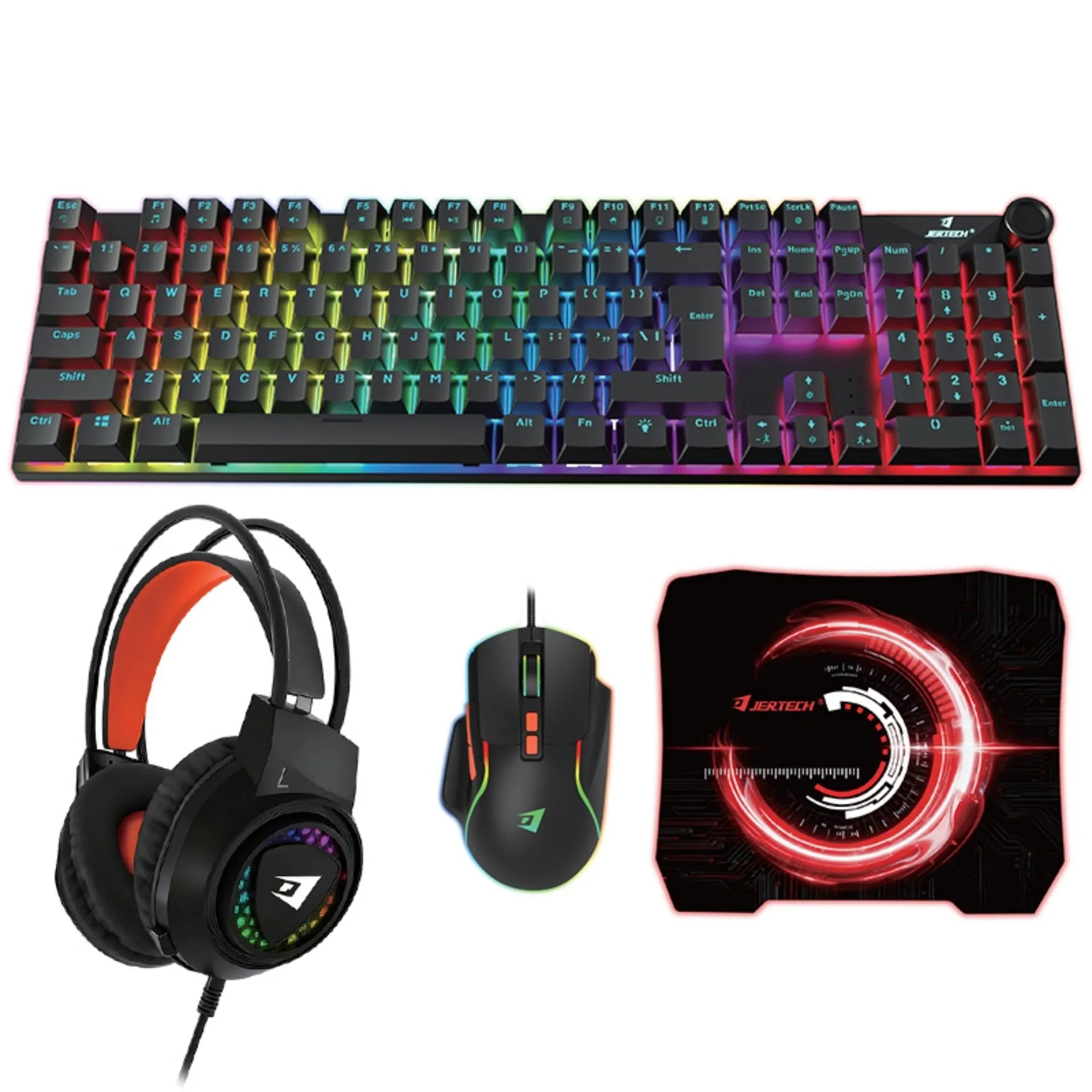 Combo Gamer 4 En 1 Jertech CT4-02 Con Teclado, Mouse, Diadema Y Pad Mouse Retroiluminado RGB