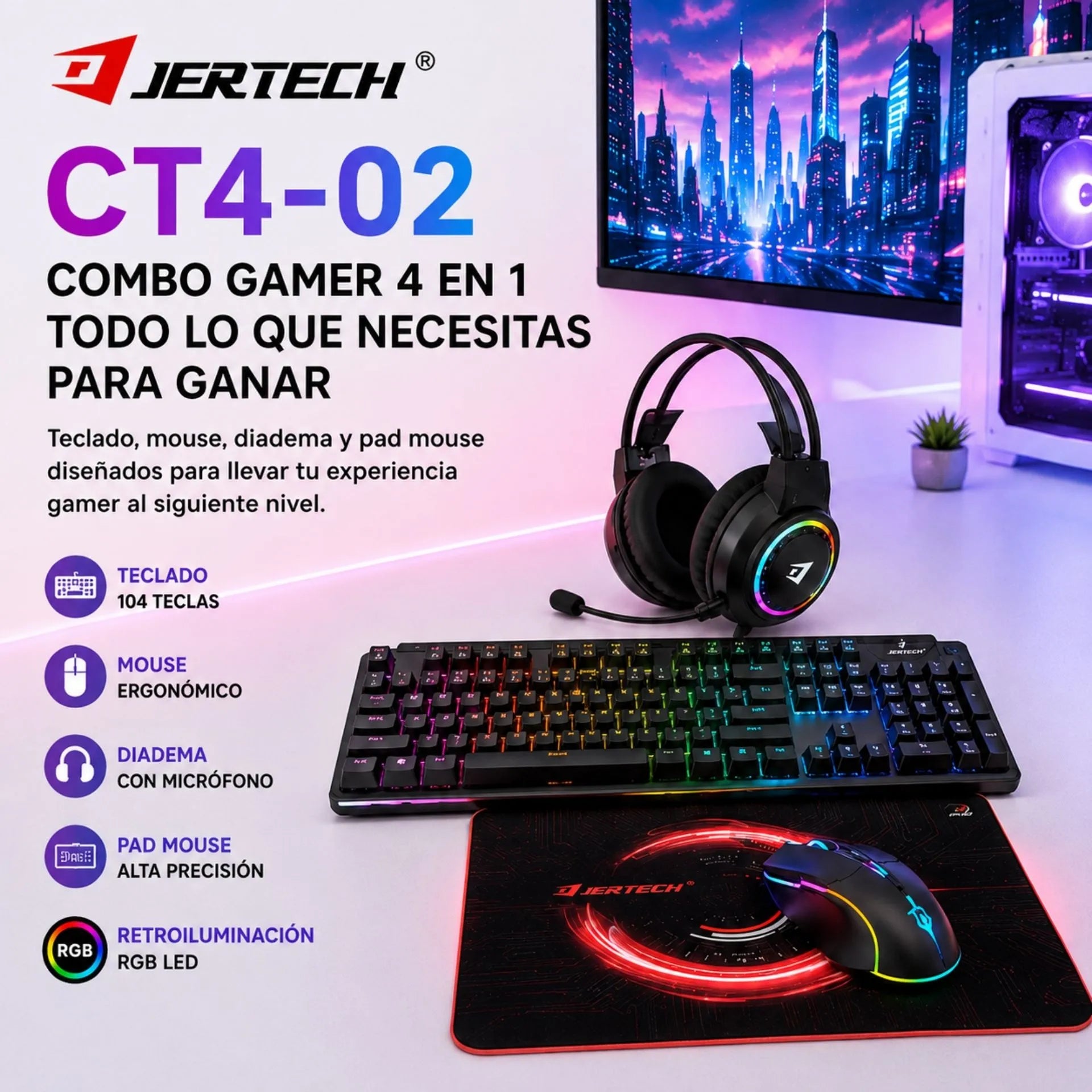 Combo Gamer 4 En 1 Jertech CT4-02 Con Teclado, Mouse, Diadema Y Pad Mouse Retroiluminado RGB