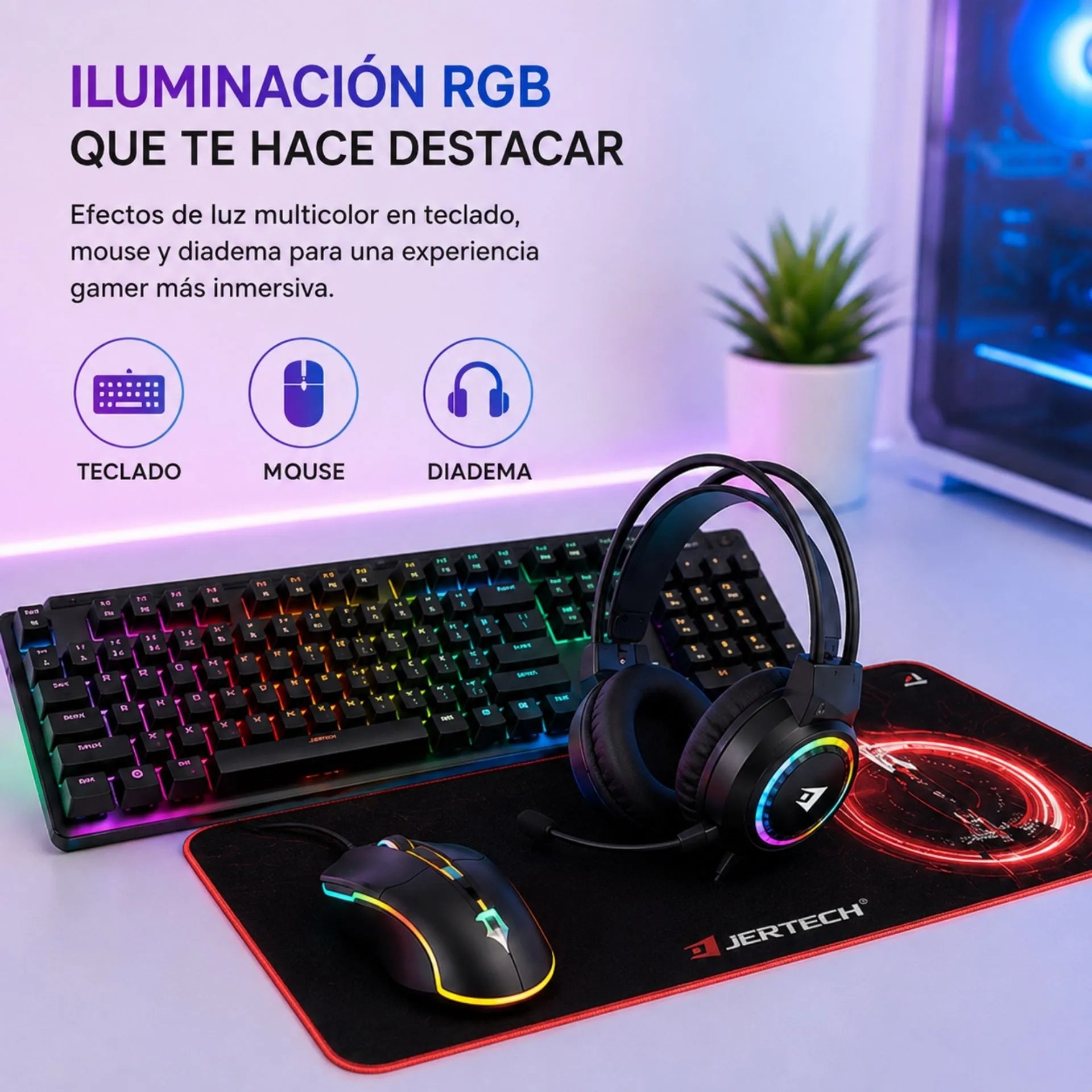 Combo Gamer 4 En 1 Jertech CT4-02 Con Teclado, Mouse, Diadema Y Pad Mouse Retroiluminado RGB