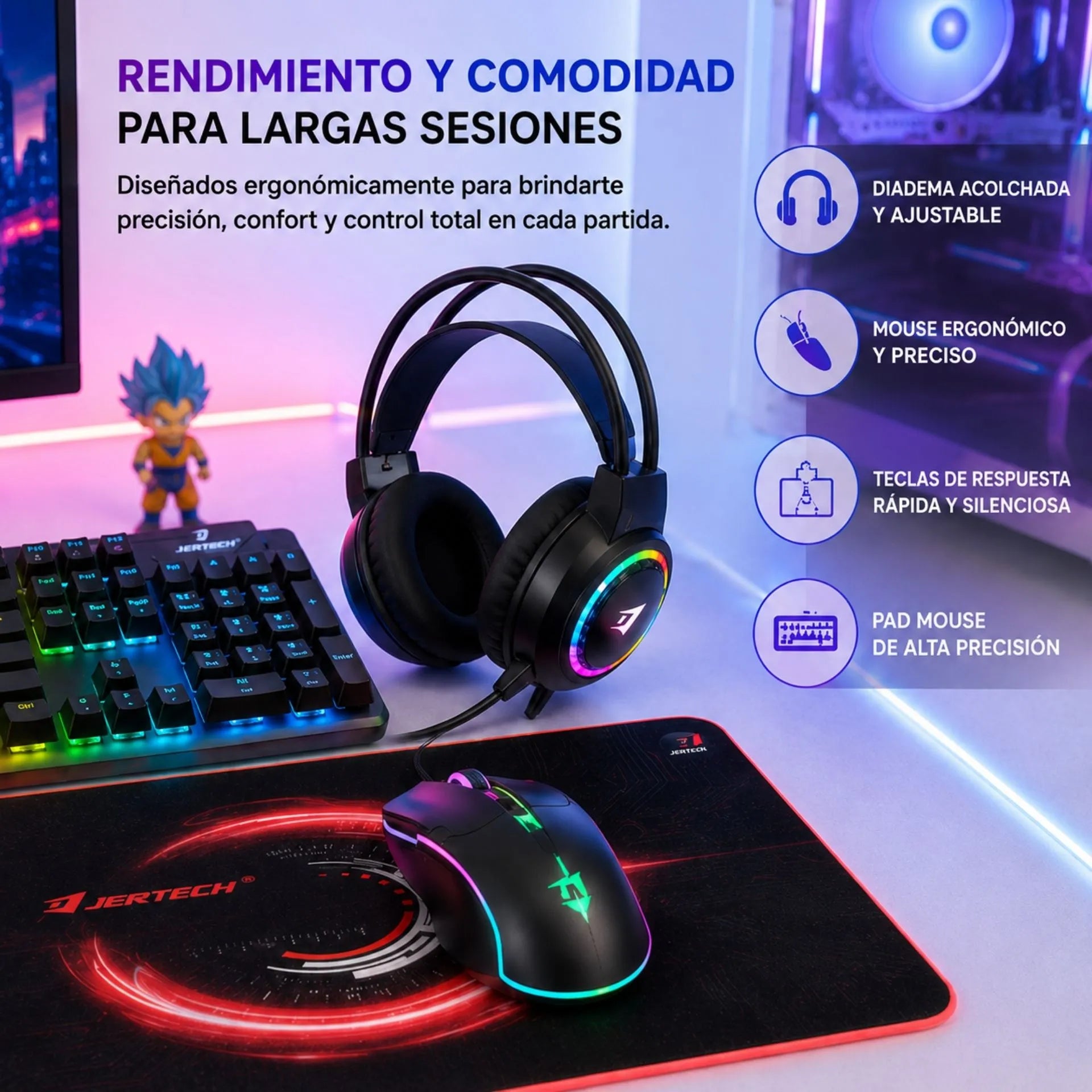 Combo Gamer 4 En 1 Jertech CT4-02 Con Teclado, Mouse, Diadema Y Pad Mouse Retroiluminado RGB