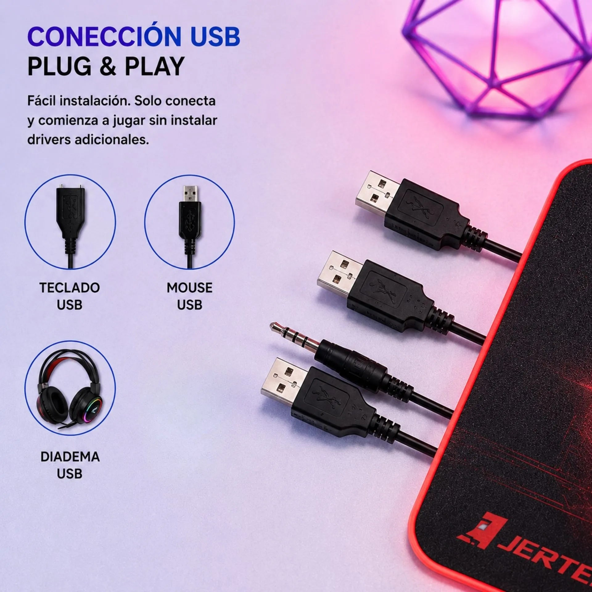 Combo Gamer 4 En 1 Jertech CT4-02 Con Teclado, Mouse, Diadema Y Pad Mouse Retroiluminado RGB