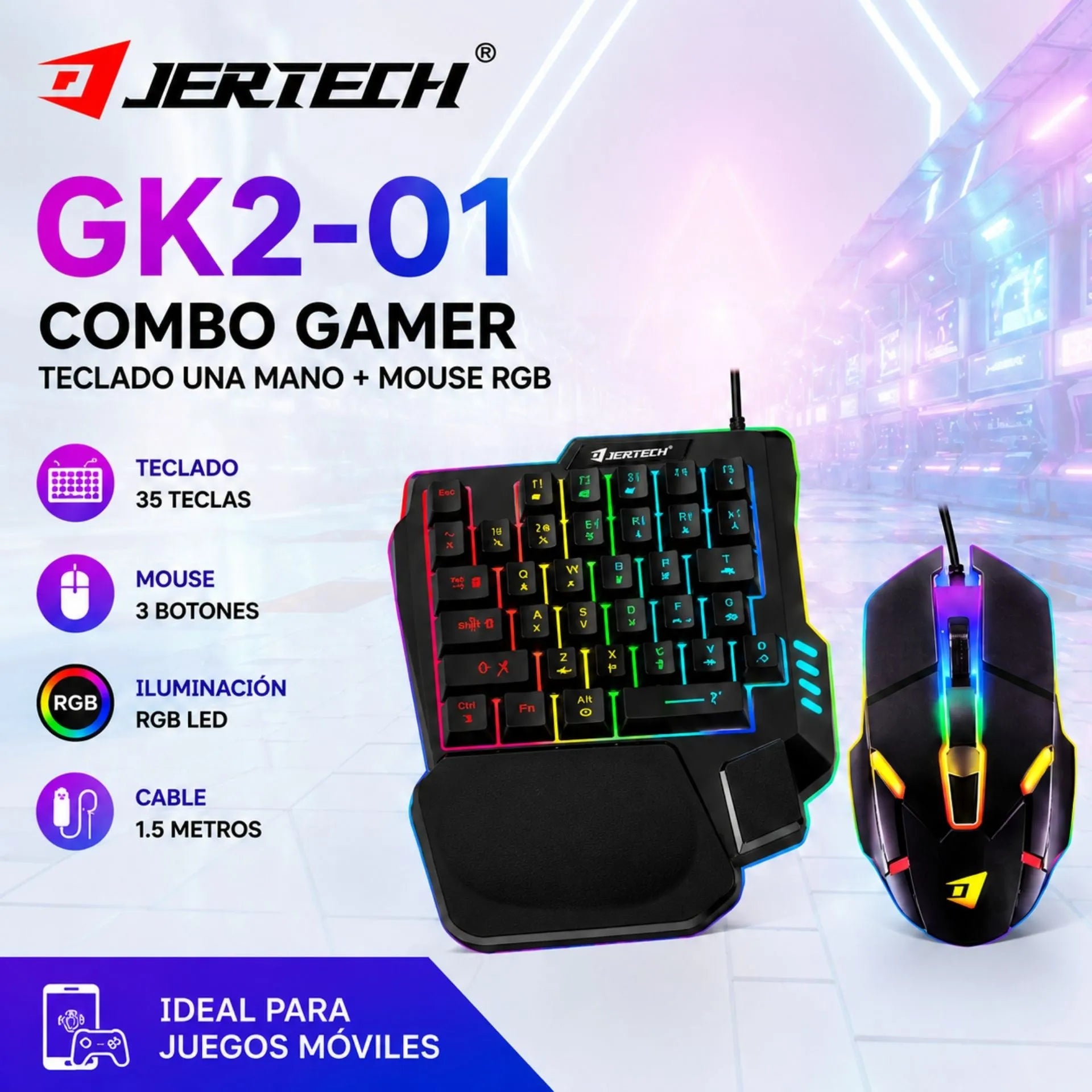Combo Gamer Para Juegos Móviles Jertech Con Teclado Una Mano Y Mouse RGB GK2-01