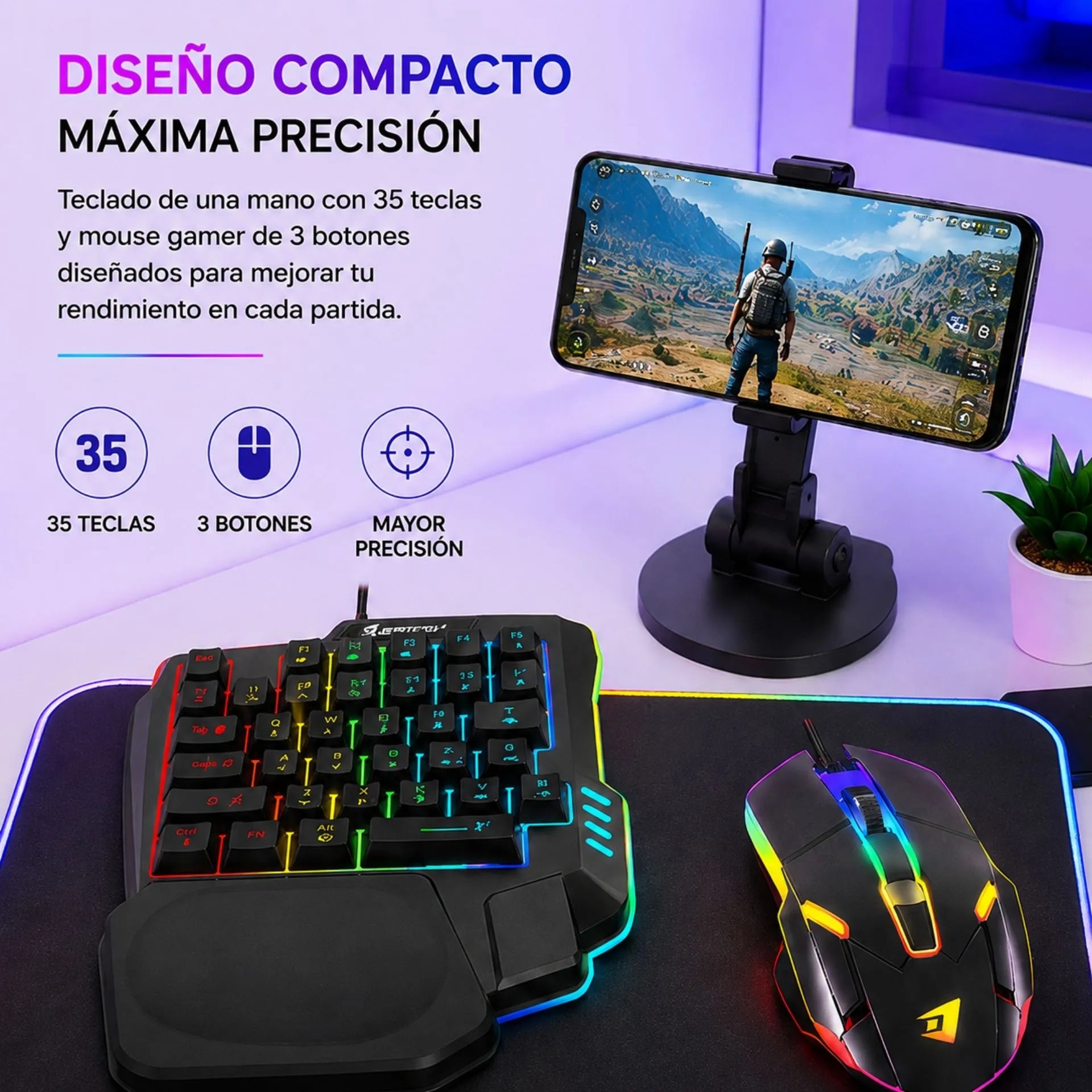 Combo Gamer Para Juegos Móviles Jertech Con Teclado Una Mano Y Mouse RGB GK2-01
