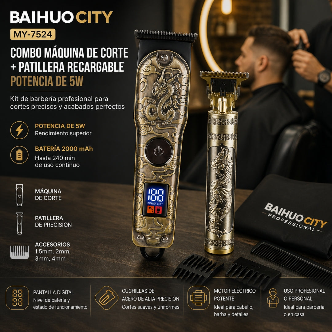 Combo Máquina De Corte Y Patillera Recargable 5W Con Pantalla Digital Kit Barbería Baihuo City MY-7524