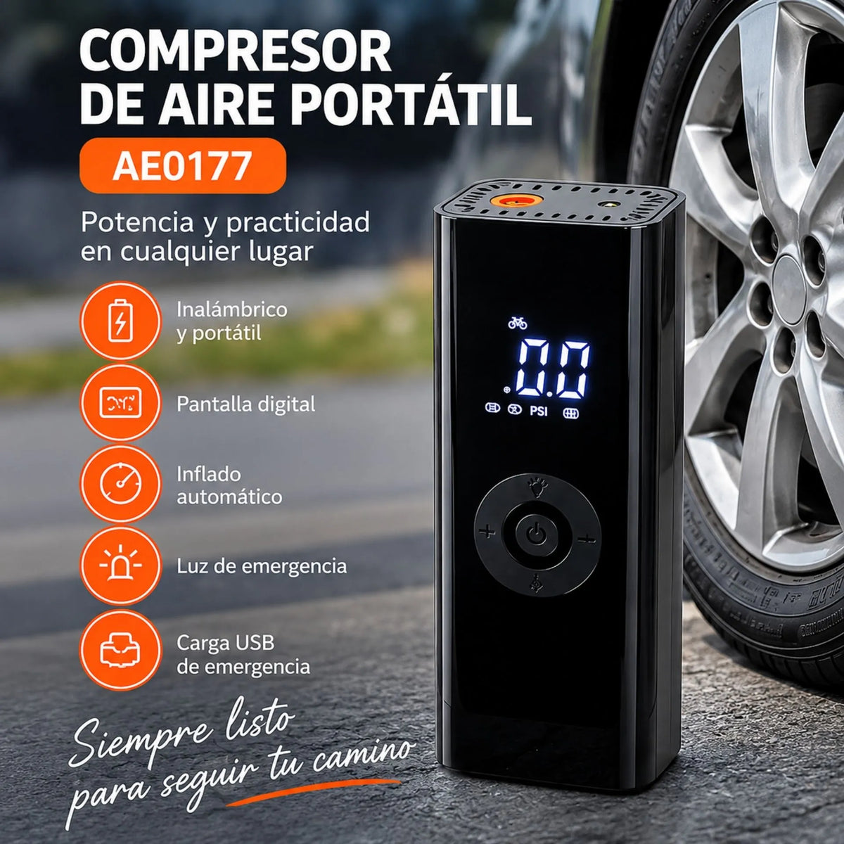 Compresor De Aire Portátil Inalámbrico Con Pantalla Digital, Luz De Emergencia Y Carga USB AE0177