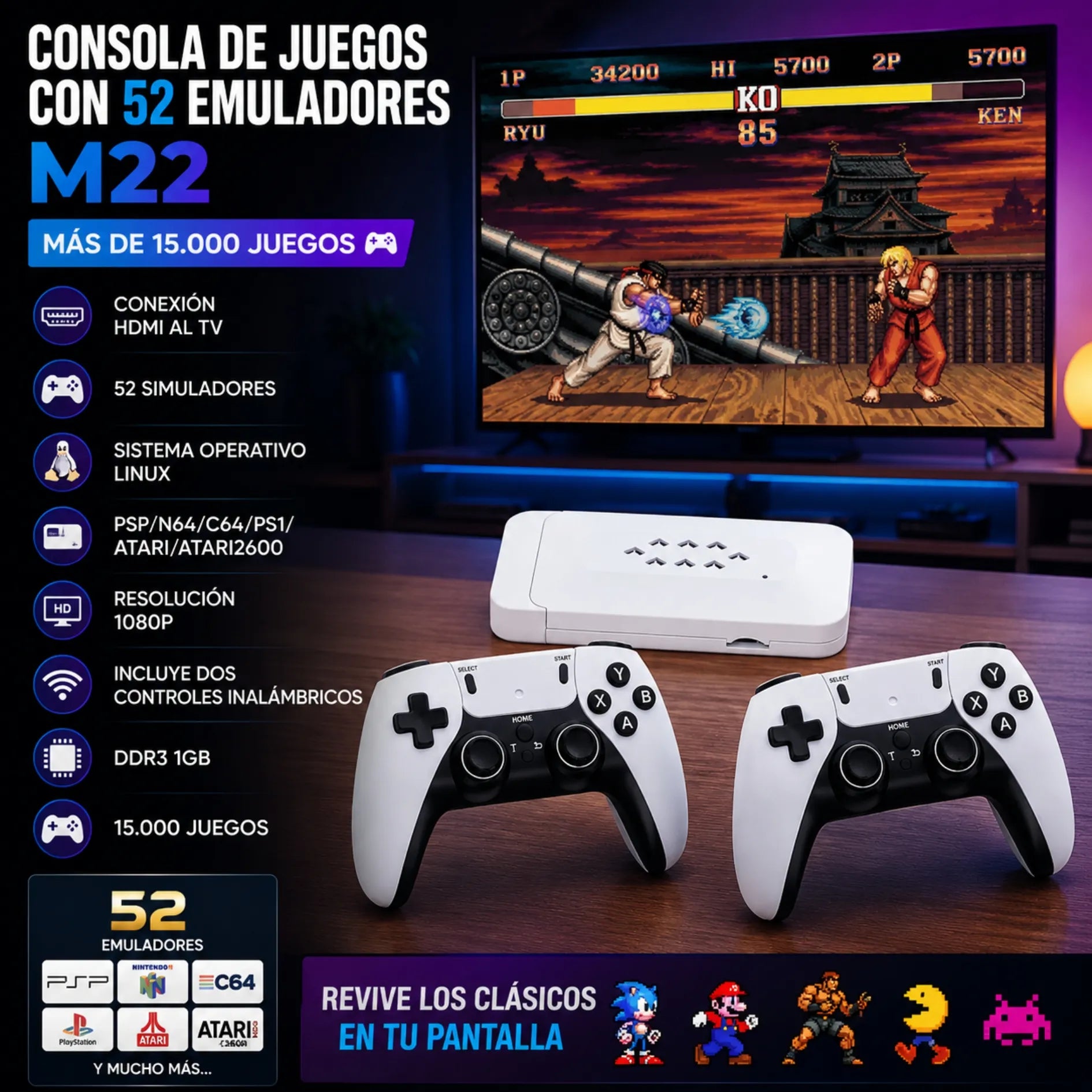 Consola De Juegos Retro HDMI Con 52 Emuladores Y 15.000 Juegos M22