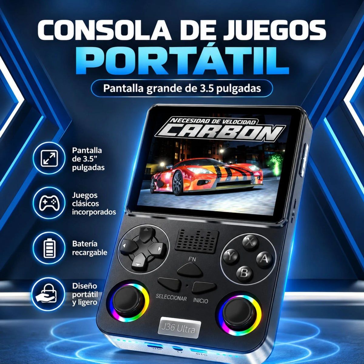 Consola De Videojuegos Retro Portátil Con Pantalla Y Controles Integrados J36 ULTRA