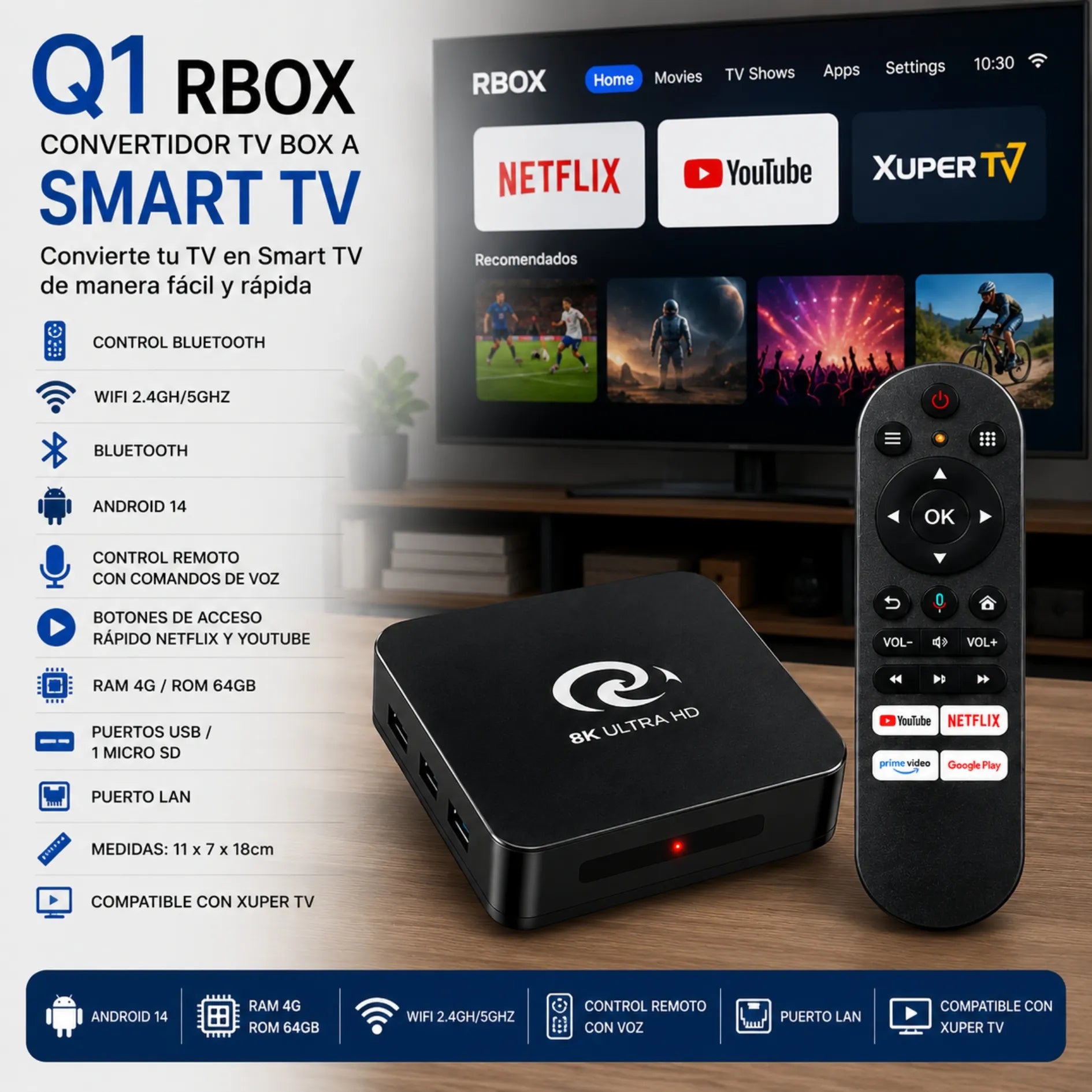 Convertidor TV Box A Smart TV Android 14 Con Control Bluetooth Y 4GB RAM Q1 RBOX