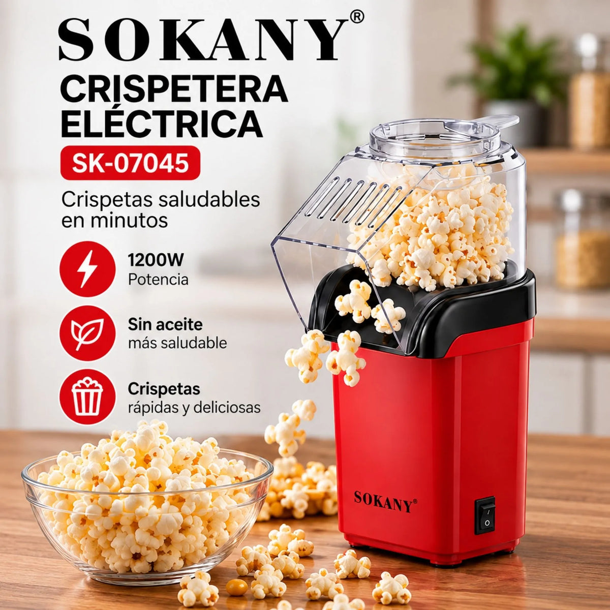 Crispetera Eléctrica 1200W De Aire Caliente Con Base Antideslizante Sokany SK-07045