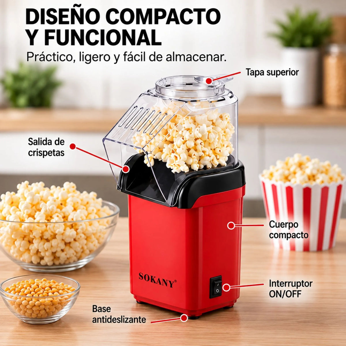 Crispetera Eléctrica 1200W De Aire Caliente Con Base Antideslizante Sokany SK-07045