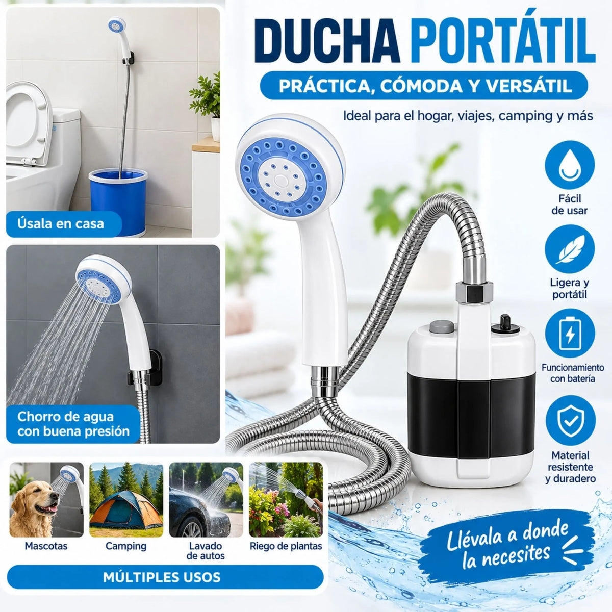 Ducha Portátil Recargable Con Manguera De 1.5 Metros Y Batería De 2200mAh PS-45L