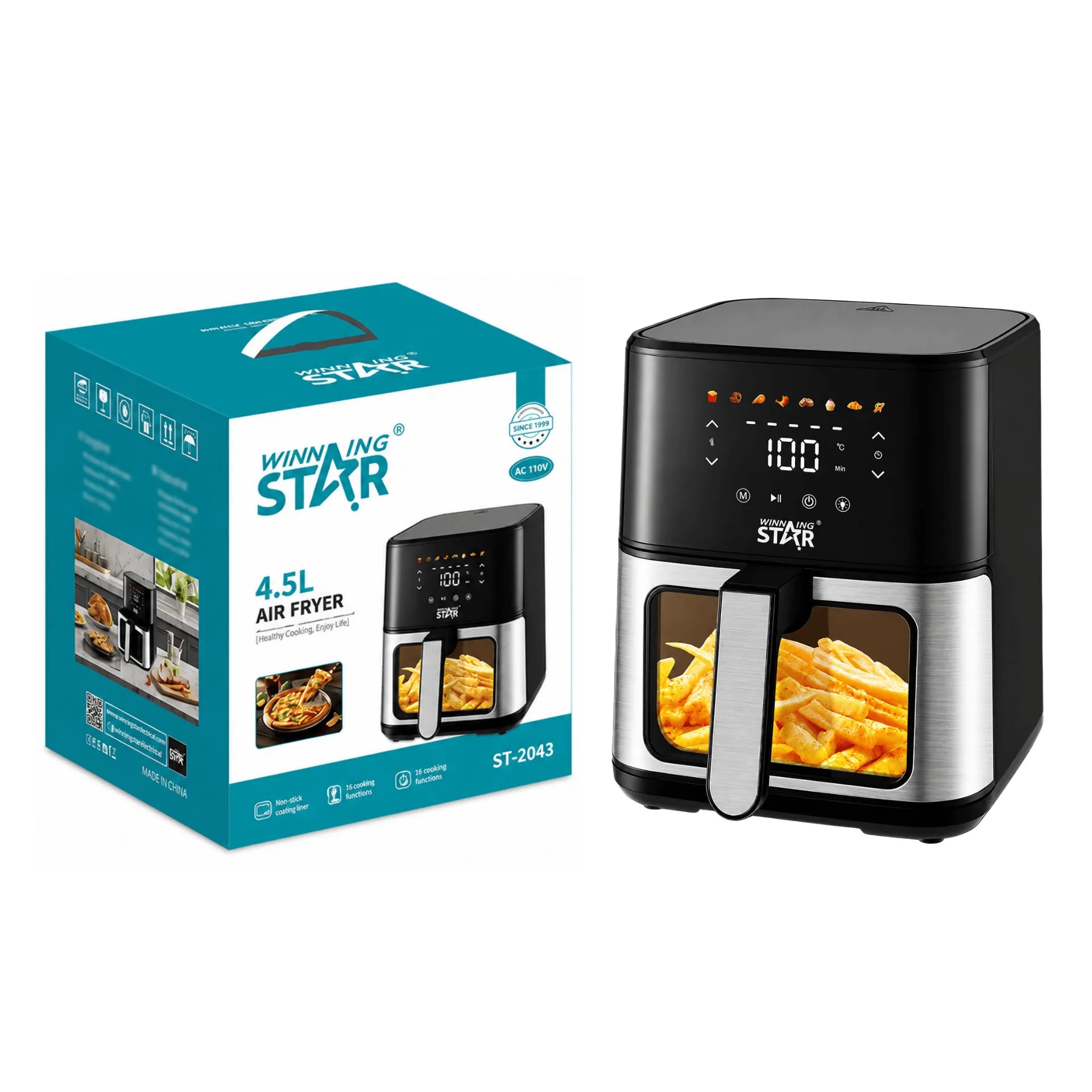 Freidora De Aire Winning Star 4.5L Con Panel Táctil Digital, Ventana De Visualización y 1400W ST-2043