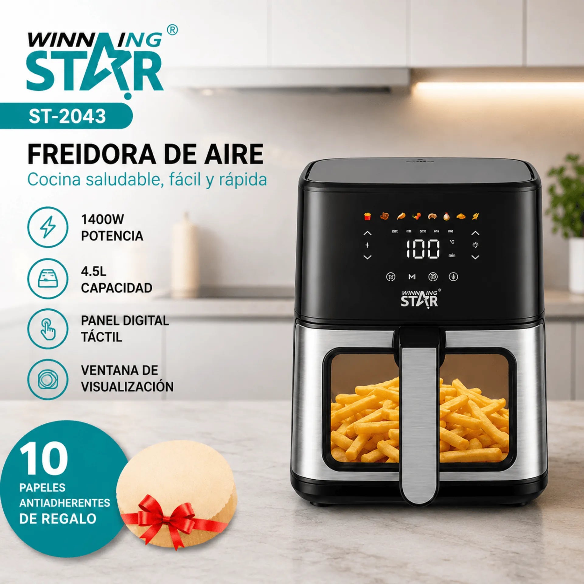 Freidora De Aire Winning Star 4.5L Con Panel Táctil Digital, Ventana De Visualización y 1400W ST-2043
