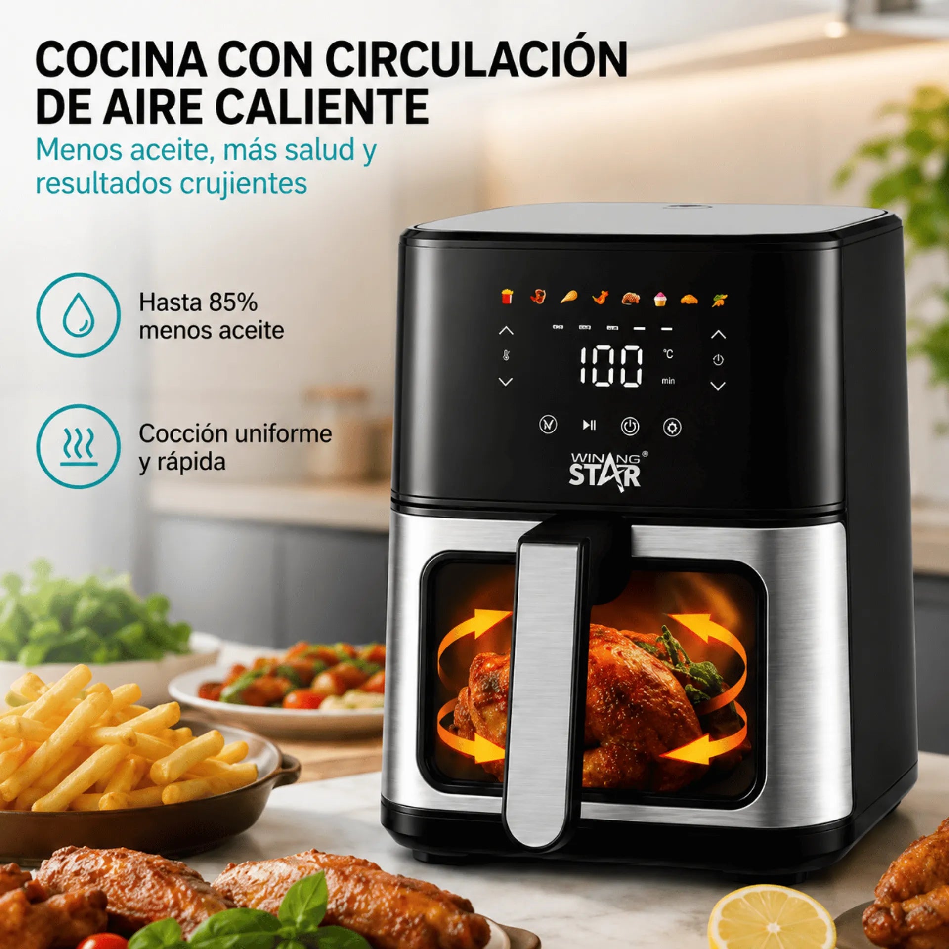 Freidora De Aire Winning Star 4.5L Con Panel Táctil Digital, Ventana De Visualización y 1400W ST-2043